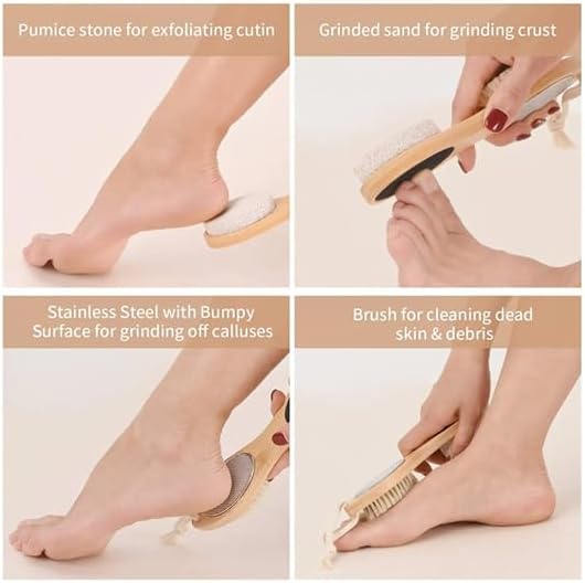 Pumice Stone Foot File 4 in 1 Double Sided Foot Cleaner Kit Pedicure Steel Files Sandpaper Pumice Stone Boar Bristle Bamboo Foot Scrub