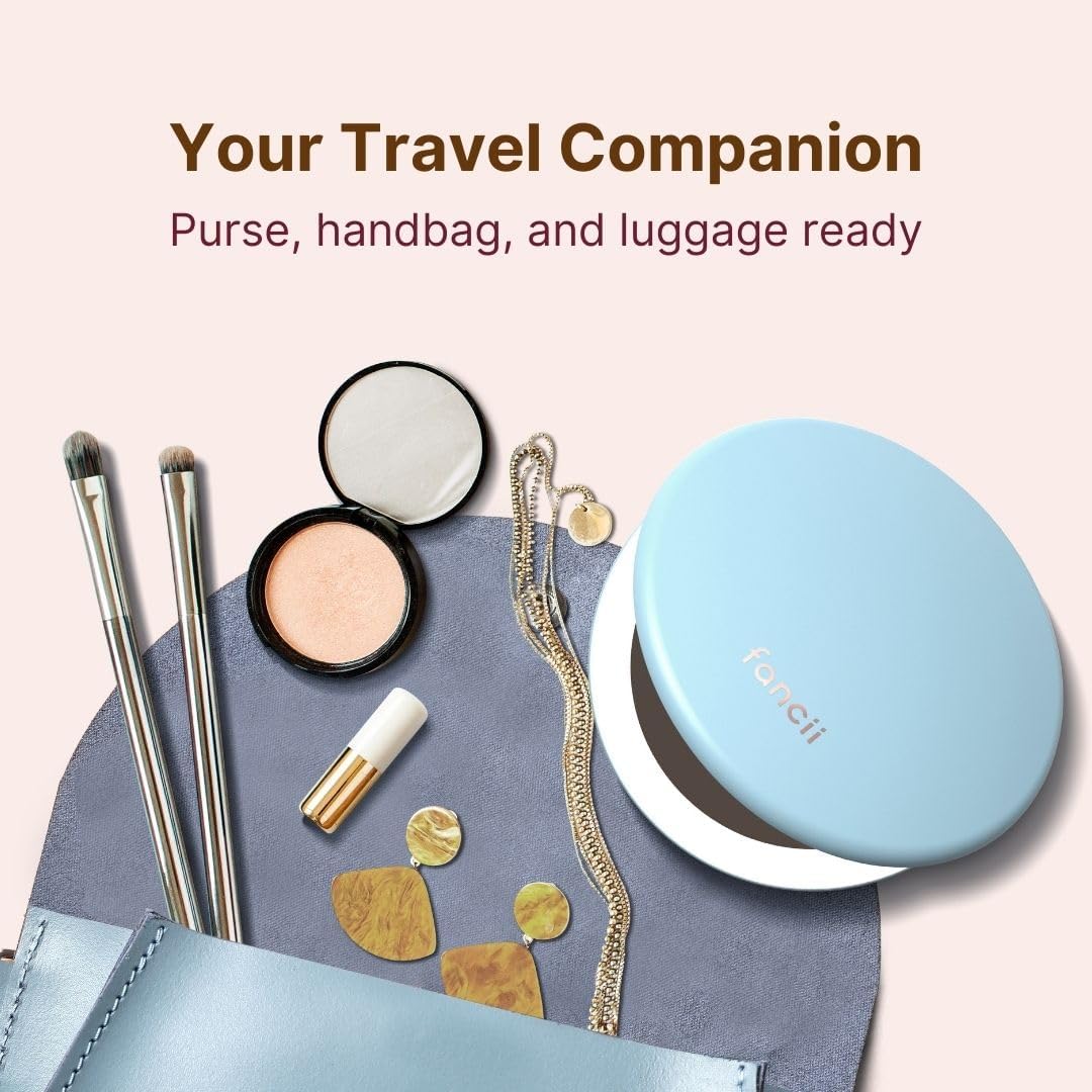 Fancii Taylor Rechargeable Compact Makeup Mirror with LED Lights, 10x /1x Magnifying, 3 Light Settings, Large 5” Wide | Travel Mirror for Purses (Soft Sky)