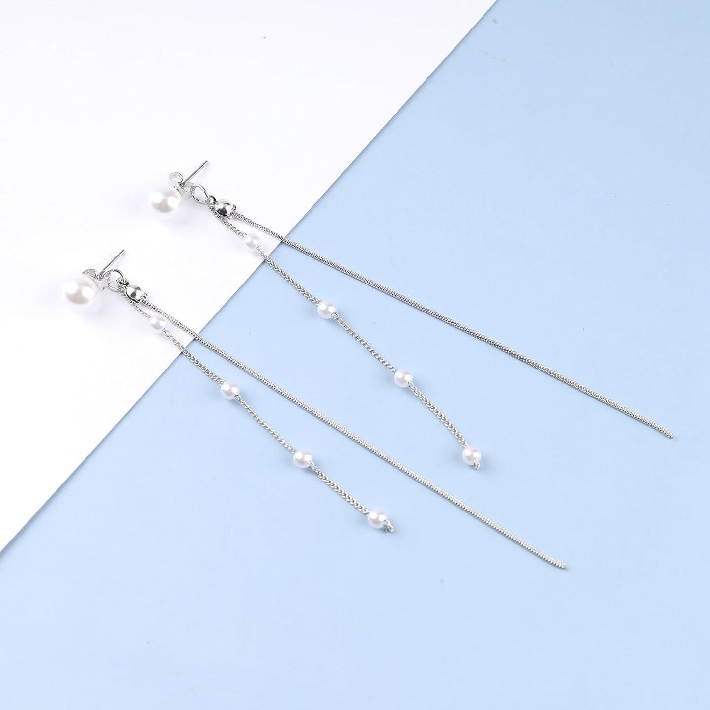 Boho Long Pearl Dangle Drop Earrings Vintage Silver Pearl Chain Dangle Earrings Statement Tassel Pearl Dangle Earrings Wedding Prom Pearl Earrings Jewelry for Women