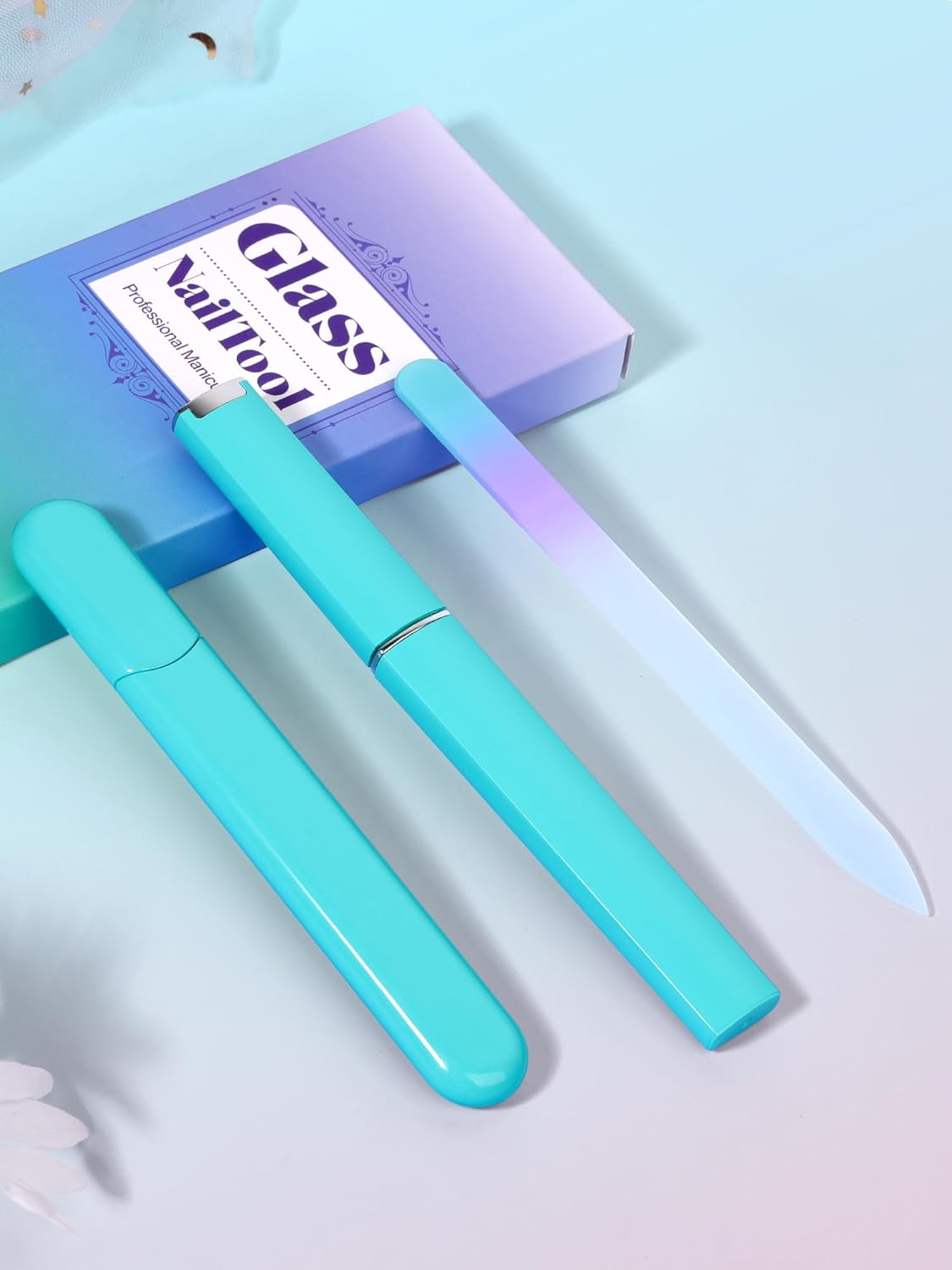 Glass Nail File and Buffer with Case, Crystal Fingernail Files for Natural Nails Care Glass Nail Shiner Nano Polisher for Travel Home Salon Nail Filer Stocking Stuffers for Women Girl Wife Gifts- Cyan