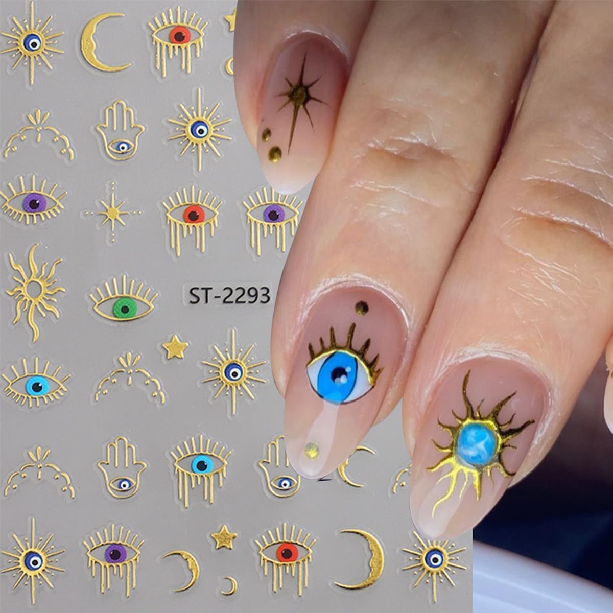 12 Sheets Gold Eye Nails Stickers Decals Star Sun Design Nails Art Stickers 3D Self-Adhesive Snake Moon Nail Art Decals for Women DIY Nail Decorations