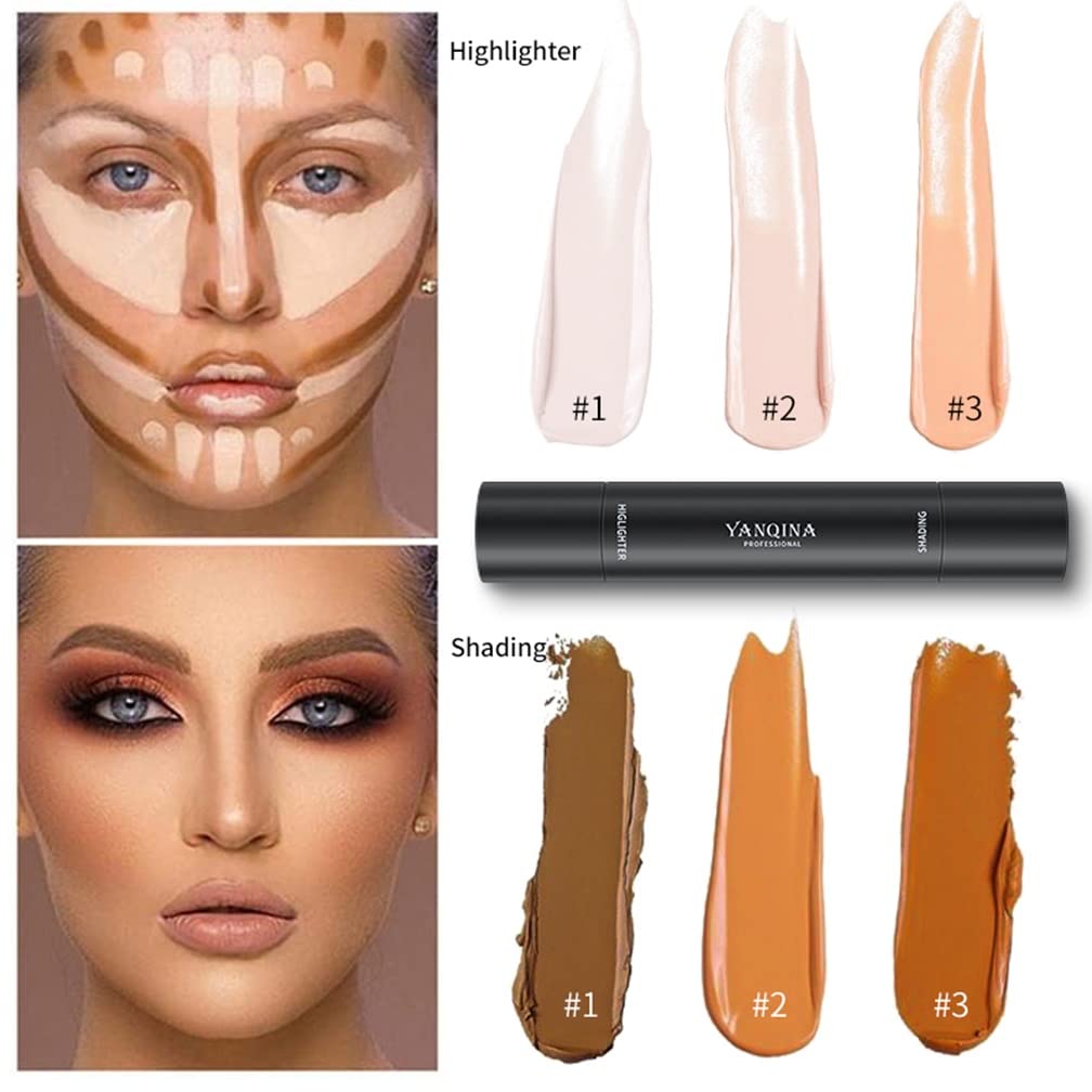 MEICOLY Cream Contour Stick Trio,Bronzer Highlighter Stick,2 in 1 Double Head Facial Repair Concealer Stick,3D Body Makeup Shading Trimming Stick,Smooth Gliding Face Illuminator Makeup,6 Colors