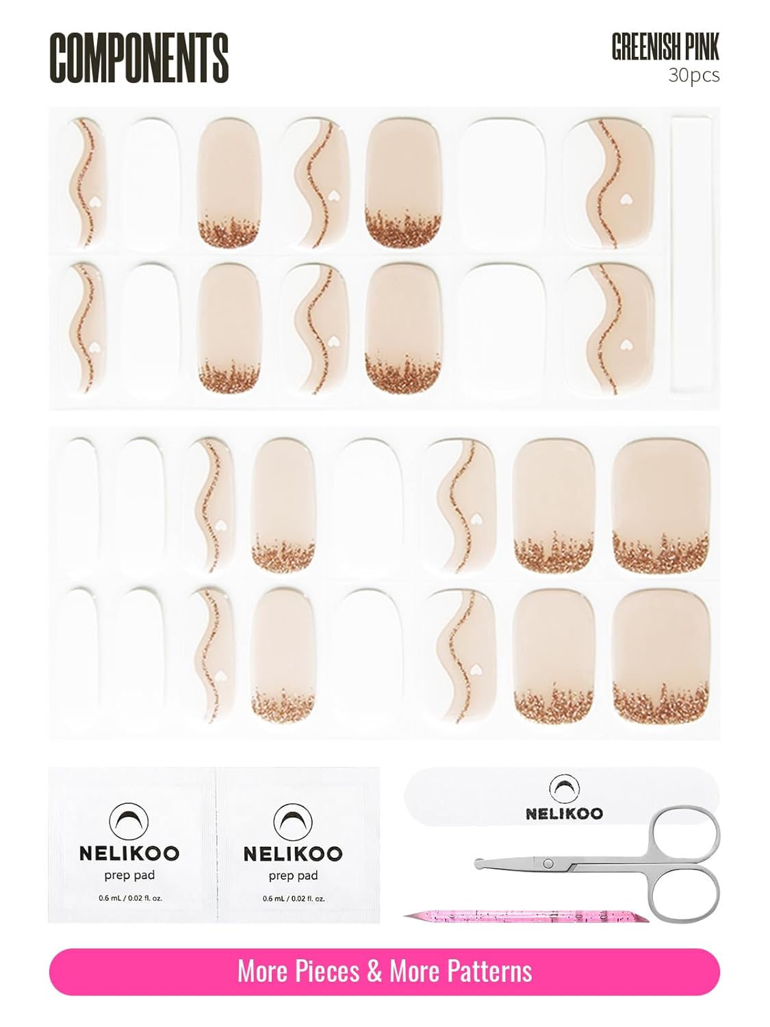 Semi Cured Gel Nail Strips, 30 Pcs Solid Color UV Stickers, Wraps for Home DIY, Salon Quality With Prep Pads, File & Wood Stick - Greenish Pink