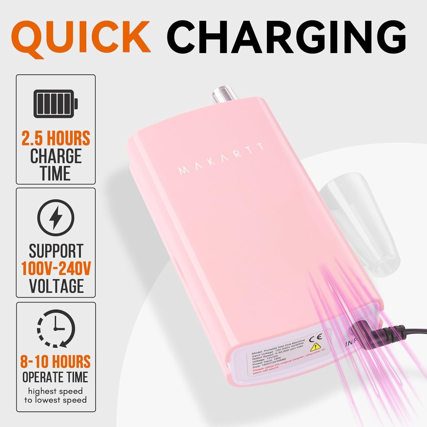 Makartt Original Power Charger Adapter for Malory Nail Drill, 12V 2A AC Battery Supply Cord for 30000RPM Rechargeable Electric File Manicure Tech Art Salon Home DIY Use