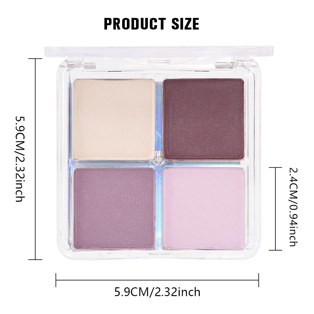4 Colors Light Violet Pink Purple Brown Eye Shadow Powder Palette Makeup, Neutral Matte Shimmer Quads Eyeshadow Palette for Women Highly Pigmented Waterproof, paleta de sombras de ojos,Vegan 02
