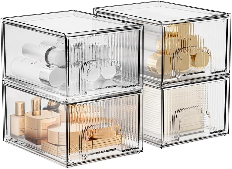 ZHIAI 4 Pack Clear Stackable Storage Drawer, Acrylic Drawer, Cosmetic Organizer, Plastic Organizer for Dresser, Under, Kitchen Cabinet, Pantry, Home Organization and Storage