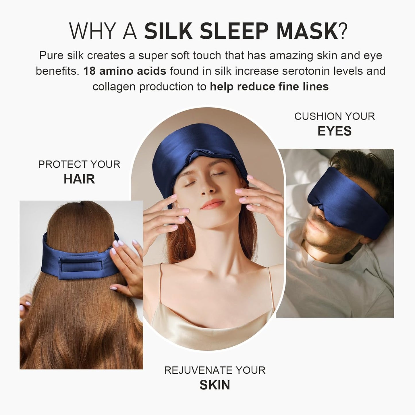 LitBear Silk Sleep Mask for Side Sleepers, 100% 22 Momme Pure Mulberry Silk, Face-Hugging Padded Eye Cover with Adjustable Band (Midnight Blue)