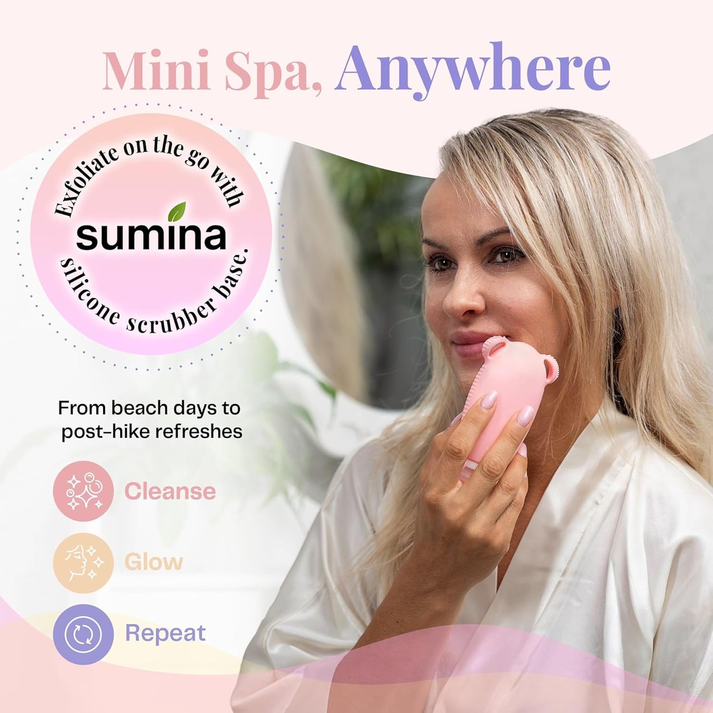 Sumina Silicone Travel Bottles 3 Pack (3.4oz) – TSA-Approved Leak-Proof Toiletry Containers with 2-in-1 Built-In Exfoliating Scrubber – Refillable for Travel, Gym & Skincare