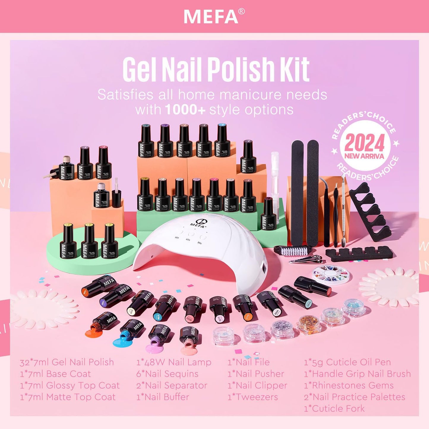MEFA 32 Colors Gel Nail Polish Kit with U V Light, 54 Pcs Nude Pink Popular Gel Nail Polish Starters Set Essential Manicure Tools Nails Art Decorations DIY Gifts