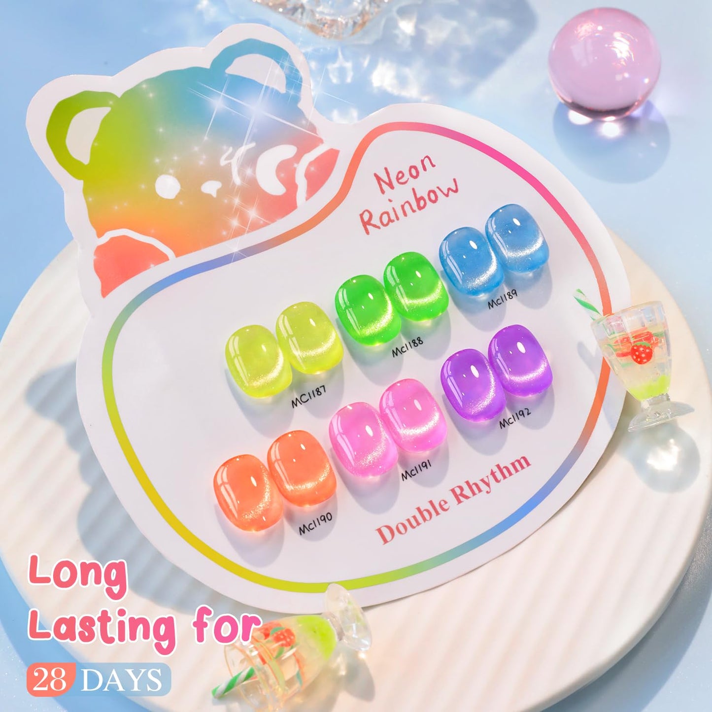 Double Rhythm Cat Eye Gel Nail Polish Set of 6 Same Color Same Bottle 0.5 Oz Shimmer Glitter with Magnet Holographic Reflective Magnetic UV Polish Kit at Home (Neon Orange Red Blue Green-T6-34)