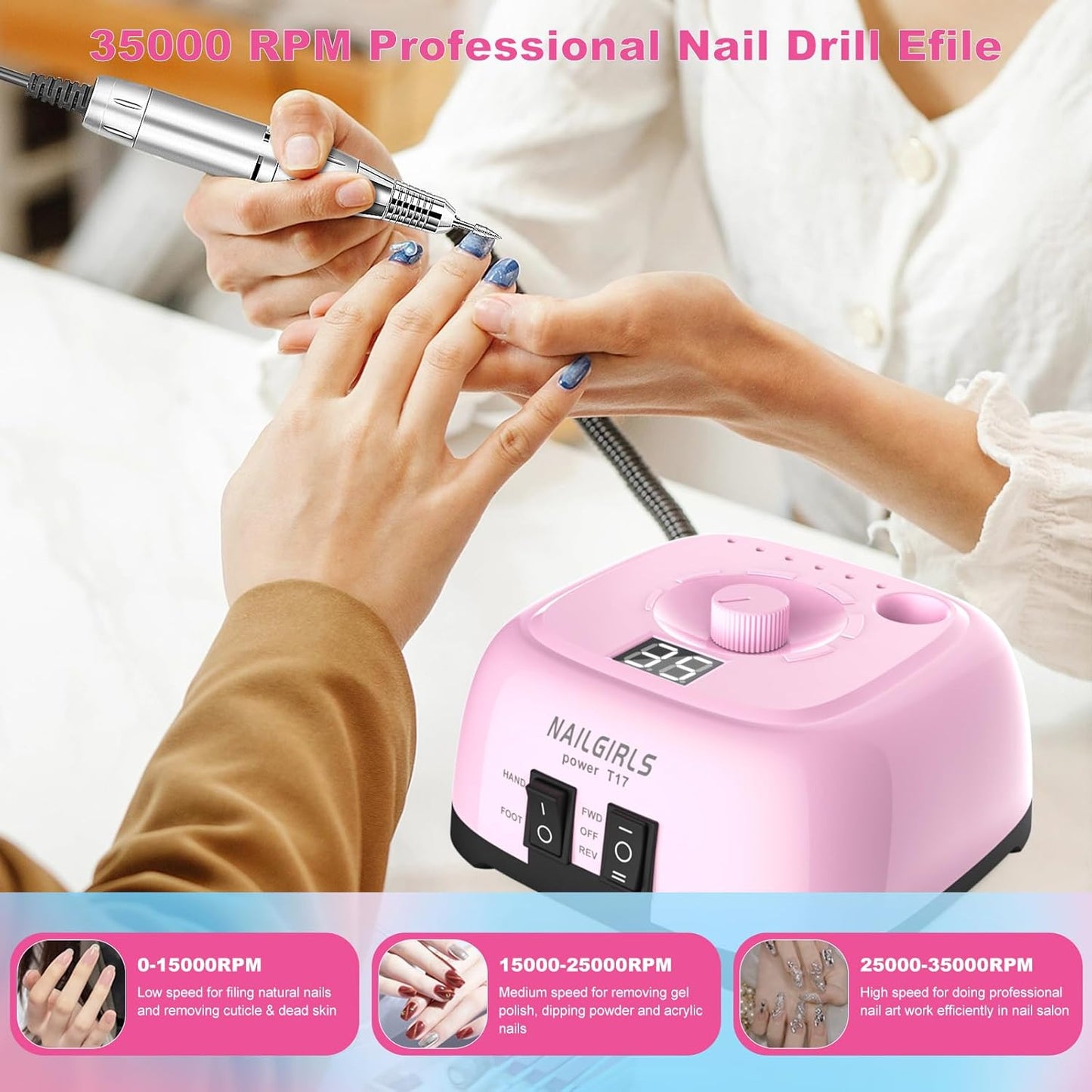 Nail Drill Machine,Professional Electric Nail File Set 35000RPM Nail File Drill Acrylic Nails Kit for Manicure Gel Nail Polish Remover (Pink)