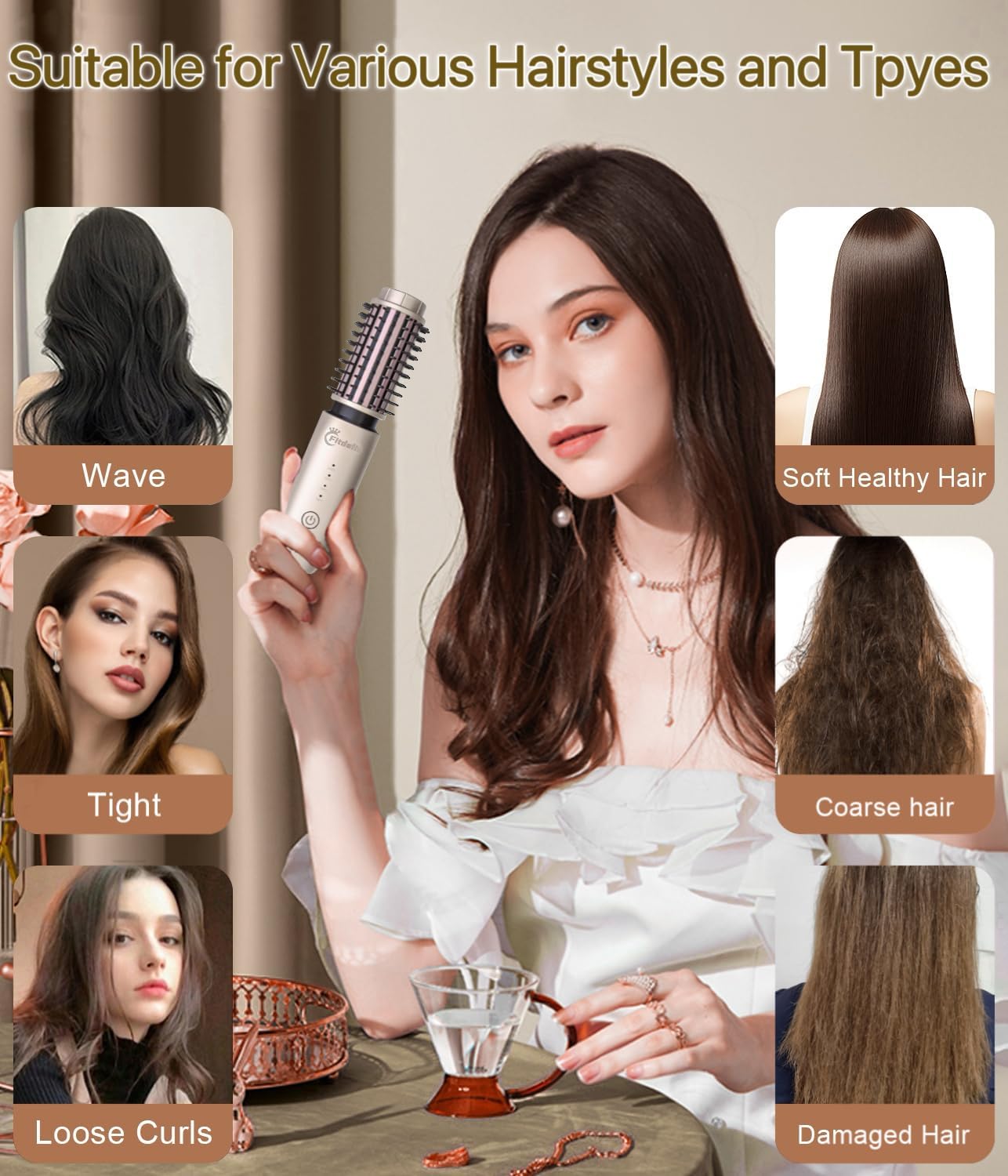 Cordless Hair Curling Iron Brush, 1.5" Mini Cordless Hair Curler, 3-in-1 Travel Curling Brush Hair Straightener Comb Rechargeable, 7000mAh Portable Ionic Heated Curling, Gold