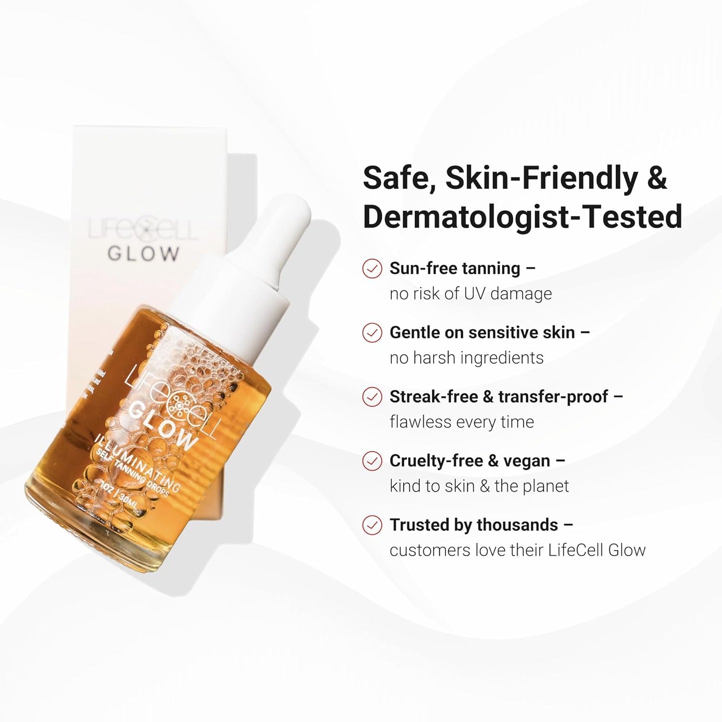 LifeCell Glow Self-Tanning Drops for Face & Body, DHA & Squalane Formula, Customizable Tan, Streak-Free, Hydrating, Fragrance-Free, Non-Comedogenic, Safe for All Skin Types, 1 Fl Oz