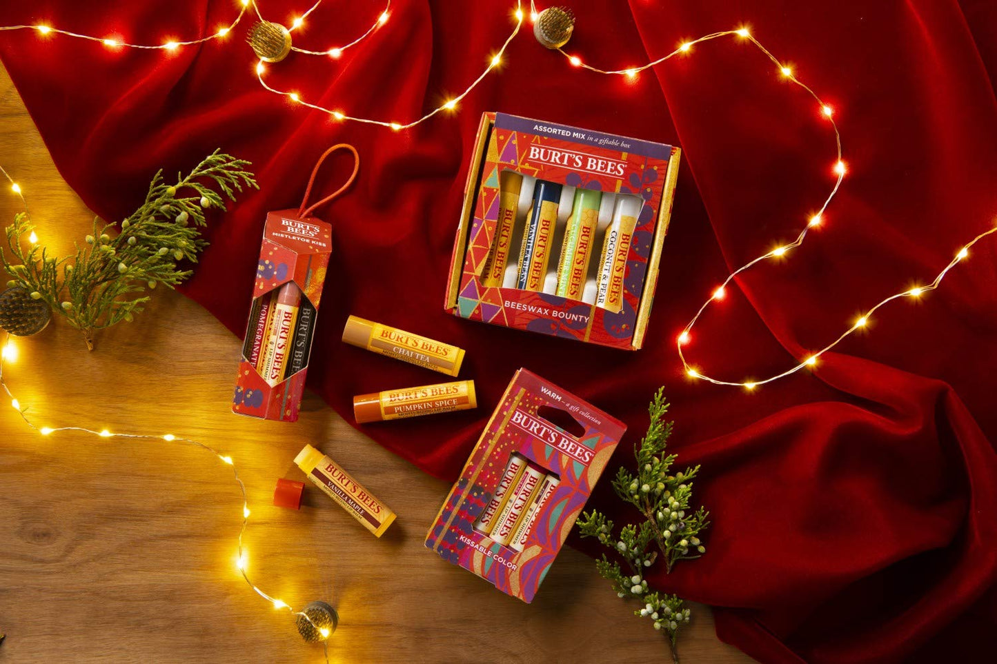 Burt's Bees Kissable Color Holiday Gift Set, 3 Lip Shimmers in Gift Box, Warm Collection in Peony, Fig & Rhubarb