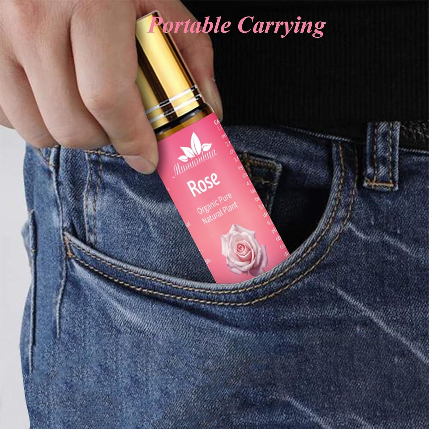 Rose Essential Oil Roll On, Mumianhua Diluted Rose Oil Touch Essential Oil, Aromatherapy Roller Oil for Skin, Body, Hair, Women,Men,Relaxation, Mood Balance, Massage 0.33 Fl Oz