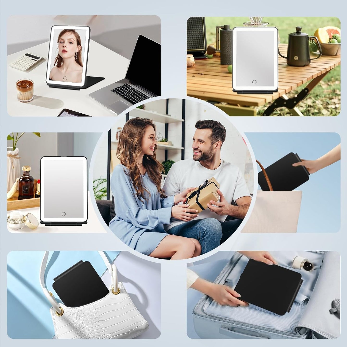 FUNTOUCH Rechargeable Travel Makeup Mirror with 72 Led Lights, Portable Lighted Beauty Mirror, 3 Color Lighting, Dimmable Touch Screen, Tabletop LED Folding Cosmetic Vanity Mirror