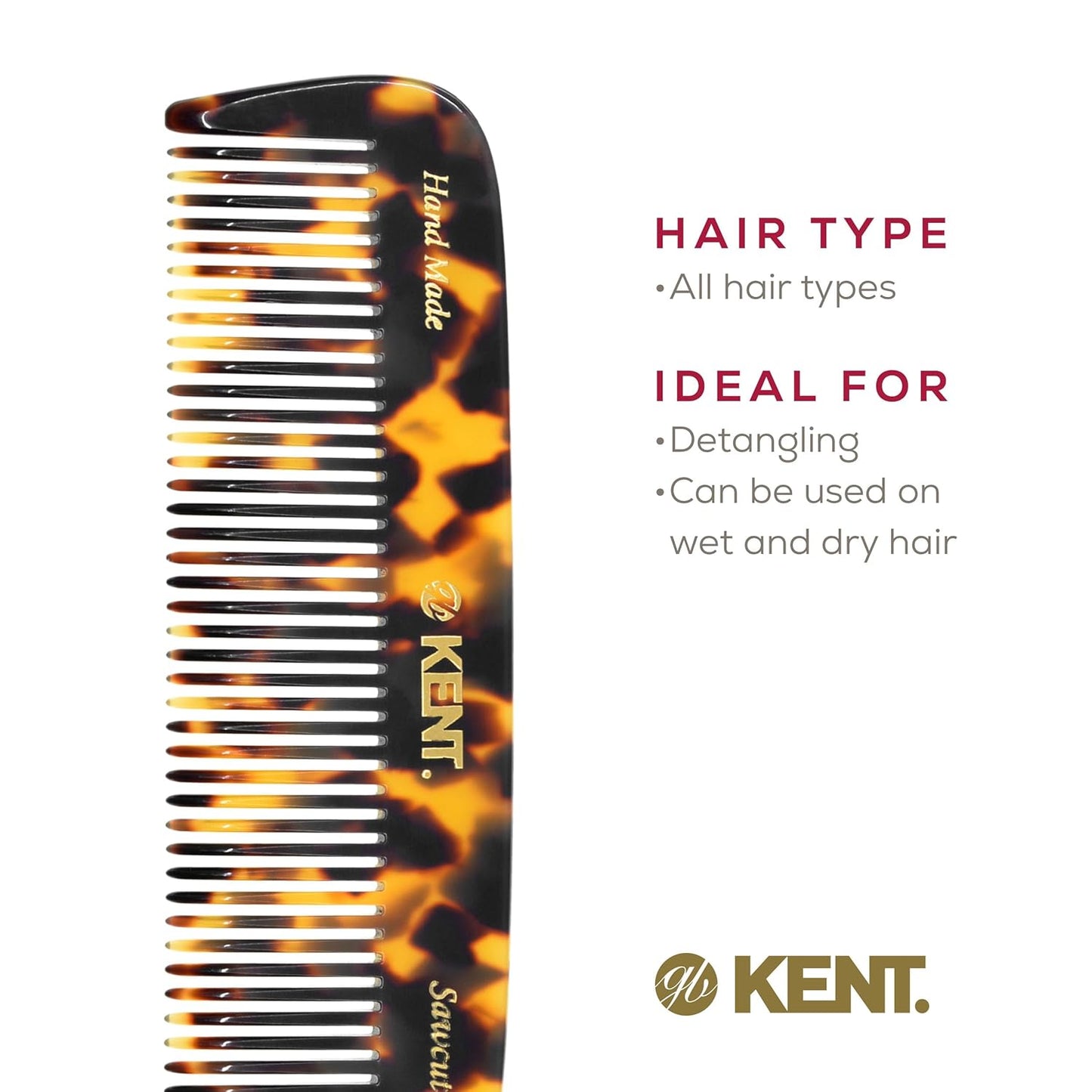 Kent 12T TY Wide Tooth Detangling Pocket Comb - Handmade for Thick, Curly, and Wavy Hair, Large Tooth Grooming Comb for Hair, Beard, and Mustache - Saw-Cut