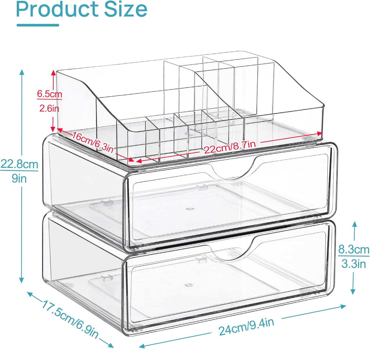 Vtopmart 3 Tier Clear Makeup Organizer with Drawer, Cosmetic Storage for Dresser Countertop and Bathroom Vanity, Beauty Holder for Lipstick Brush Skincare
