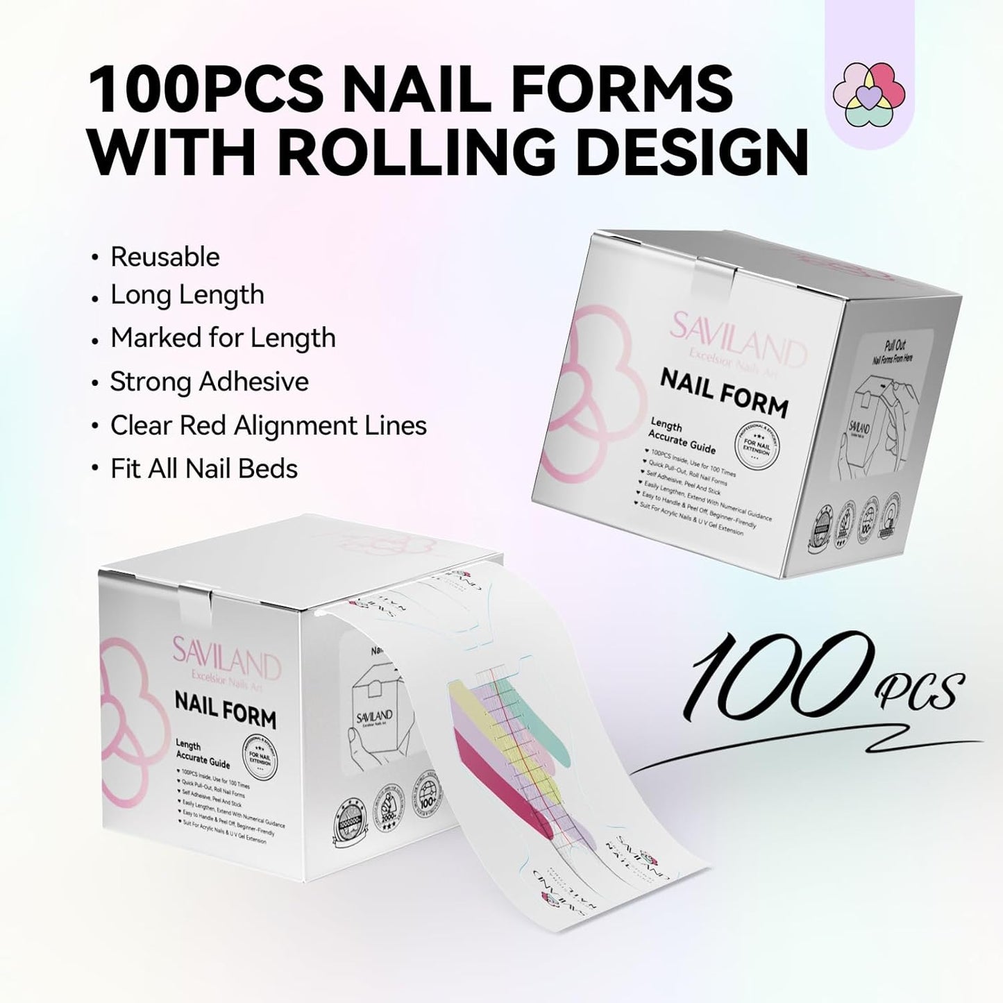 SAVILAND Plus Nail Forms: Reusable Sticky Nail Form for Builder Gel Super Adhesive Nail Extension Forms for Acrylic Nails with Precise Length Guide for Nail Art