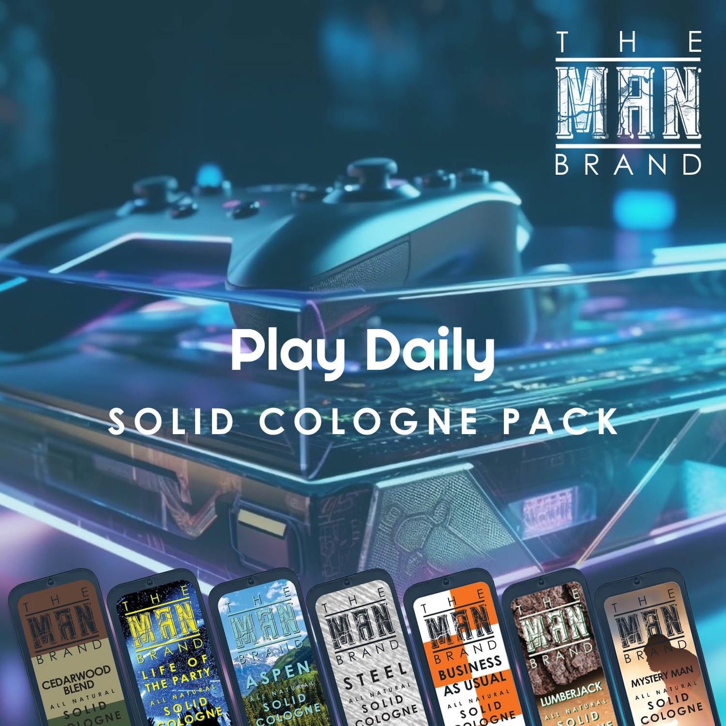 Mens Sample Solid Cologne Pack with Aspen, Lumberjack, Cedarwood Blend, Mystery Man, Life of the Party, Steel, and Business as Usual (Play Daily Solid Cologne Sampler Set - 7 Pack - 0.75 oz each)