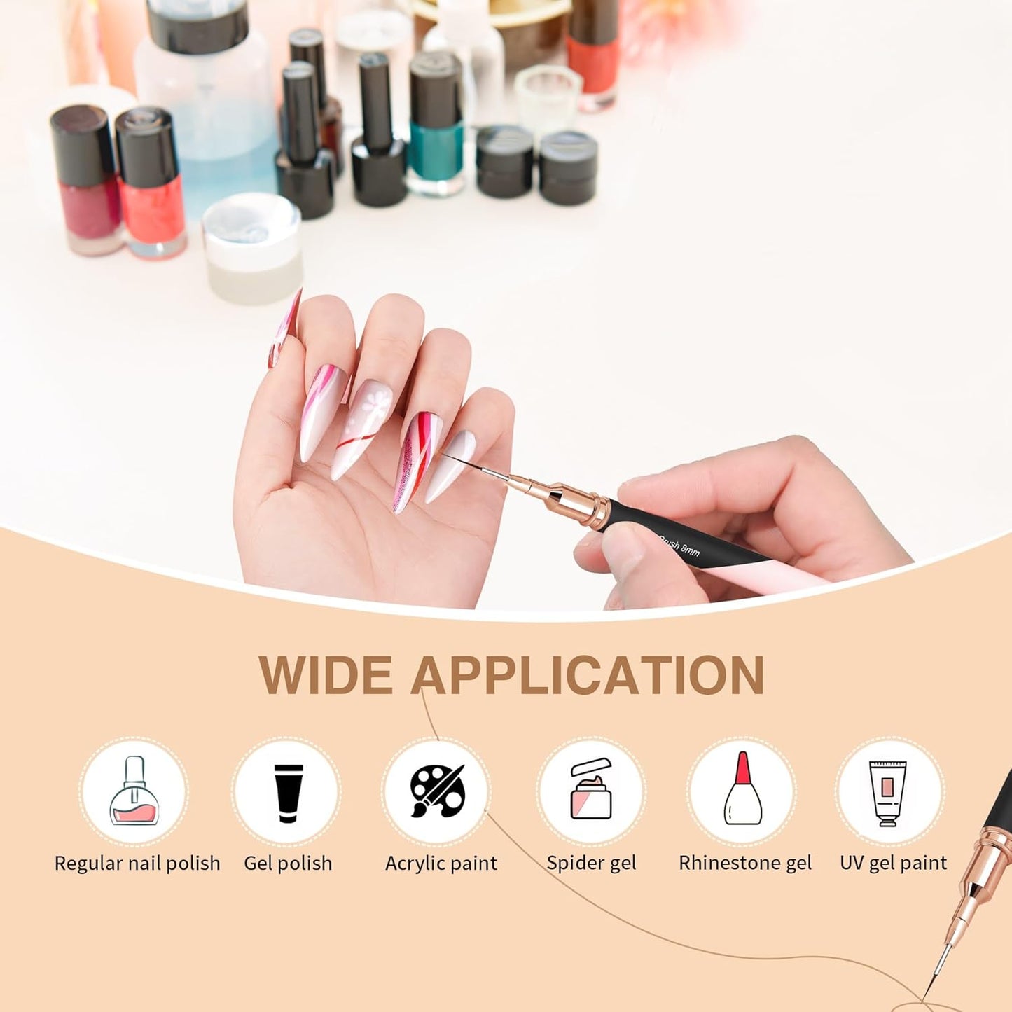 Metallic Nail Art Brushes, 5Pcs Nail Art Liner Brushes, Painting Art Design Brush Set Nail Dotting Drawing Tool for Long Lines, Thin Details, Fine Drawing Sizes 4/8/12/20/25mm, Rose Gold