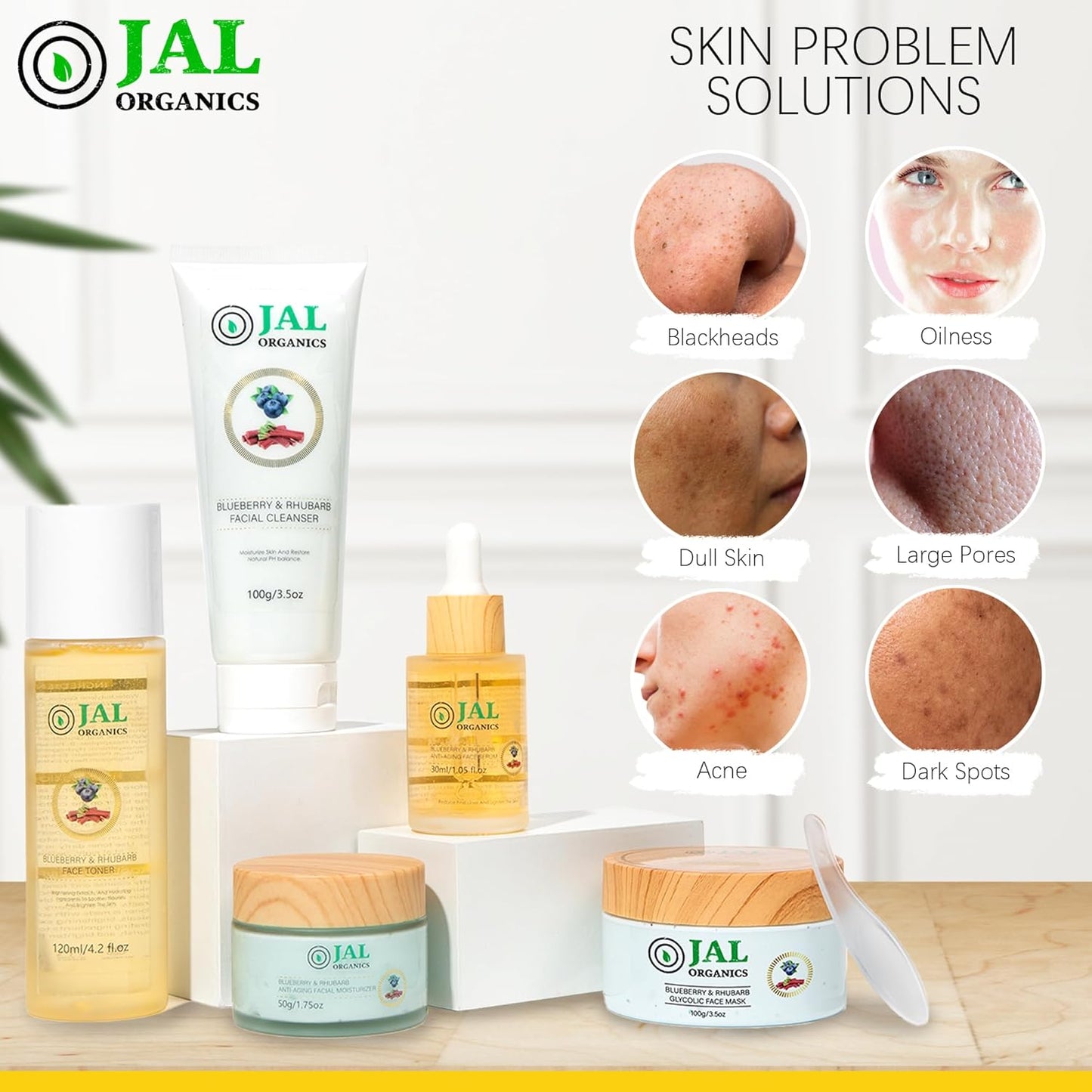 5 in 1 Blueberry & Rhubarb Korean Skin Care Set, Face Moisturizer, Glycolic Clay Face Mask, Serum, Cleanser & Toner for All Skin Types, Anti Aging Skin Care Sets & Kits, Facial Routine Kit for Women