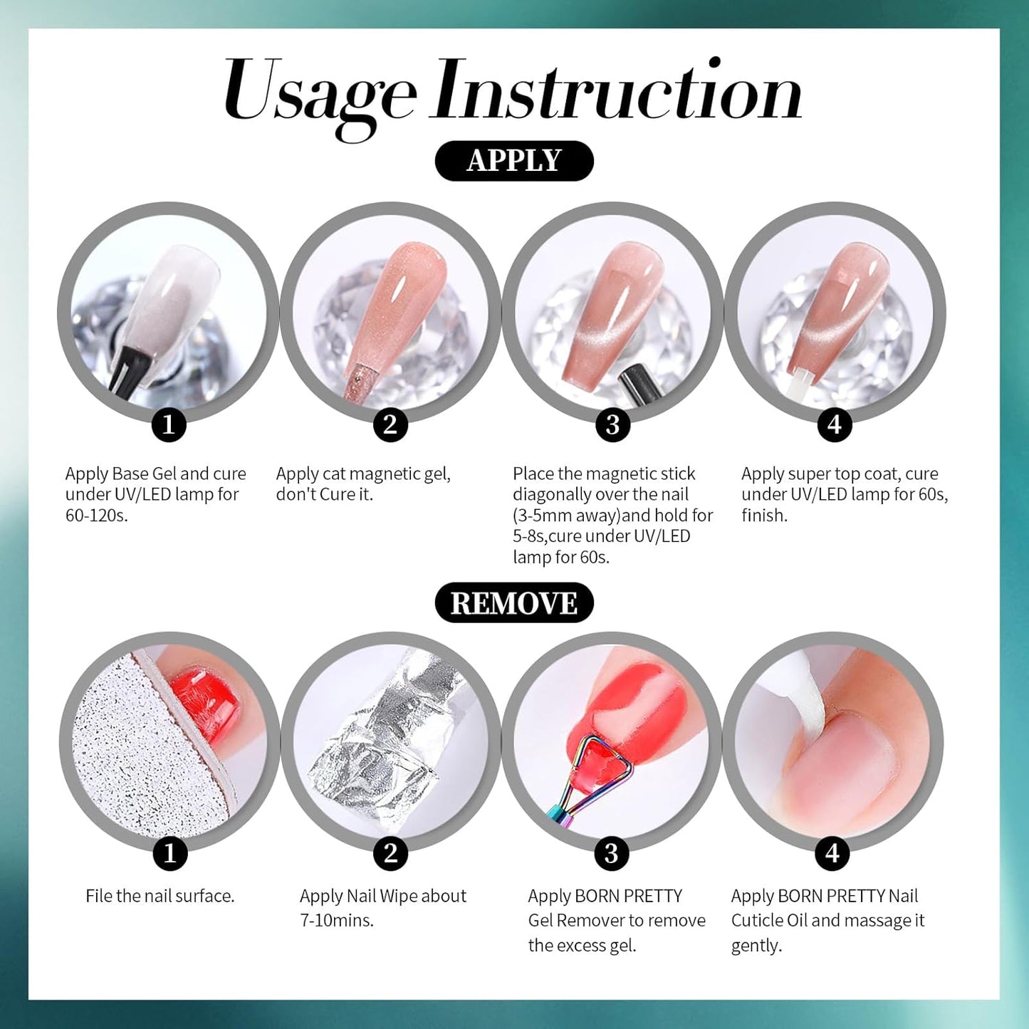 Born Pretty Cat Magnetic Eye Gel Nail Polish, 6 Colors 9D Magnetic Glitter Gel Polish Set Black Blue Purple Green Nail Polish Kit Soak Off LED Nail Art DIY Salon Gift