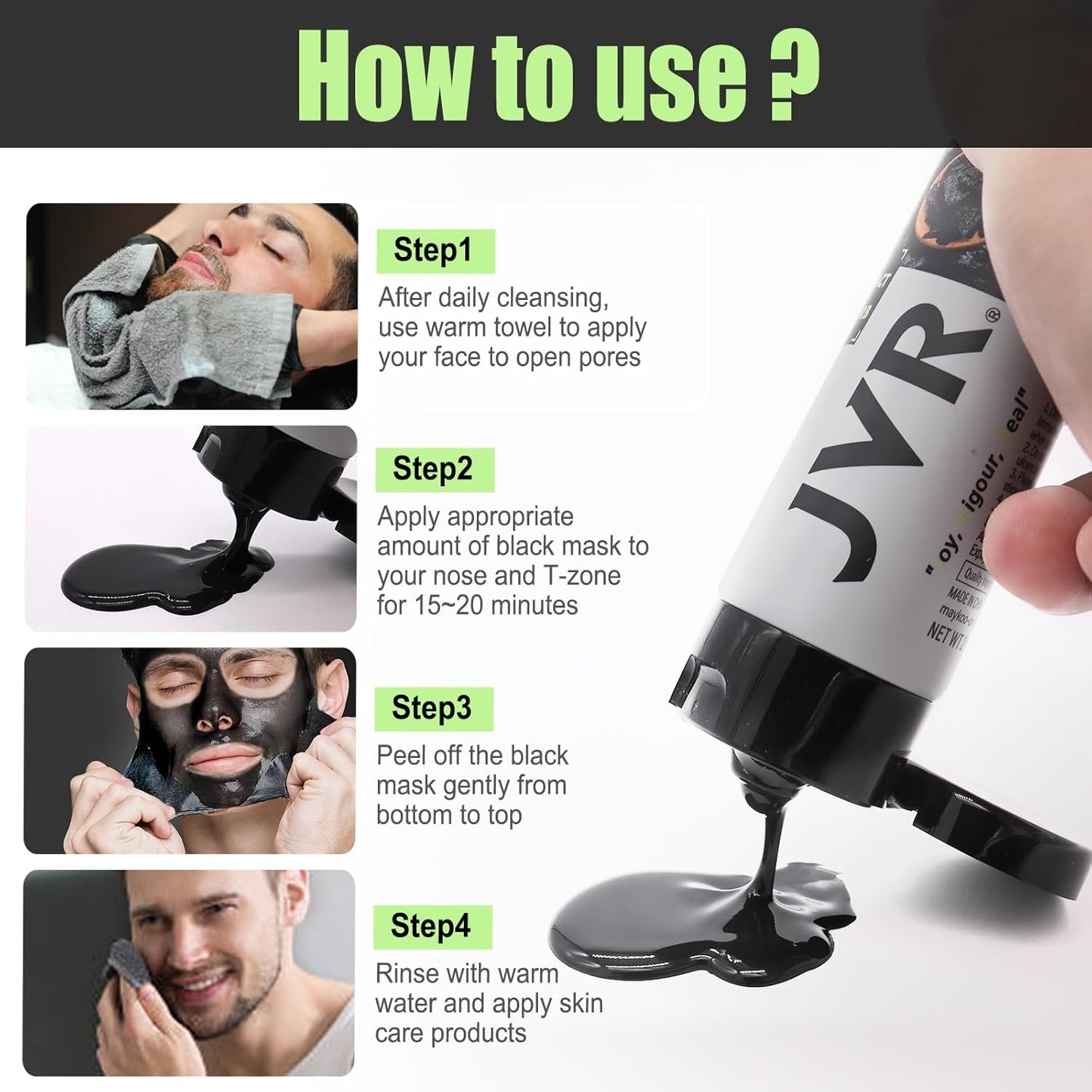 JVR Peel Off Face Mask, Blackhead Remover Mask for Men, Charcoal Peel Off Black Mask, Facial Mask Purifying and Deep Cleansing for All Skin Types 2.12 OZ