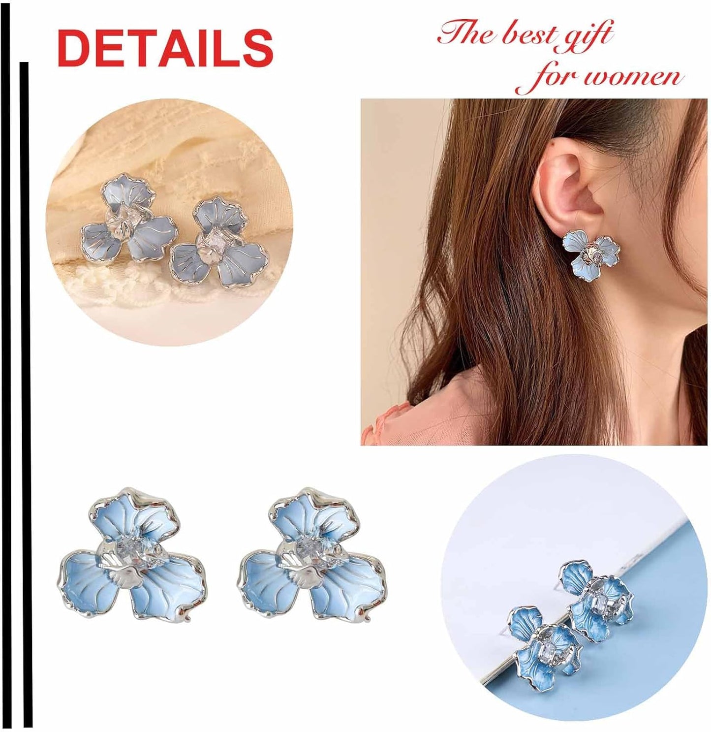 Unique Blue Flower Earrings Studs Vintage Floral Petal Earrings Statement French Blue Iris Flower Earrings Studs Bridal Wedding Prom Earrings Jewelry for Women