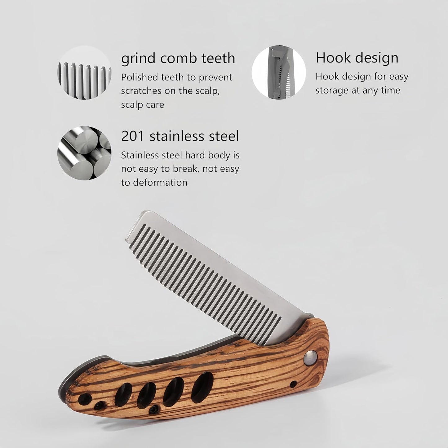 1PC Folding Pocket Beard & Hair Comb for Men - Stainless Steel Tactical Grooming Tool with Wooden Handle, EDC Pocket Comb with 180° Rotatable for Travel & Daily Styling