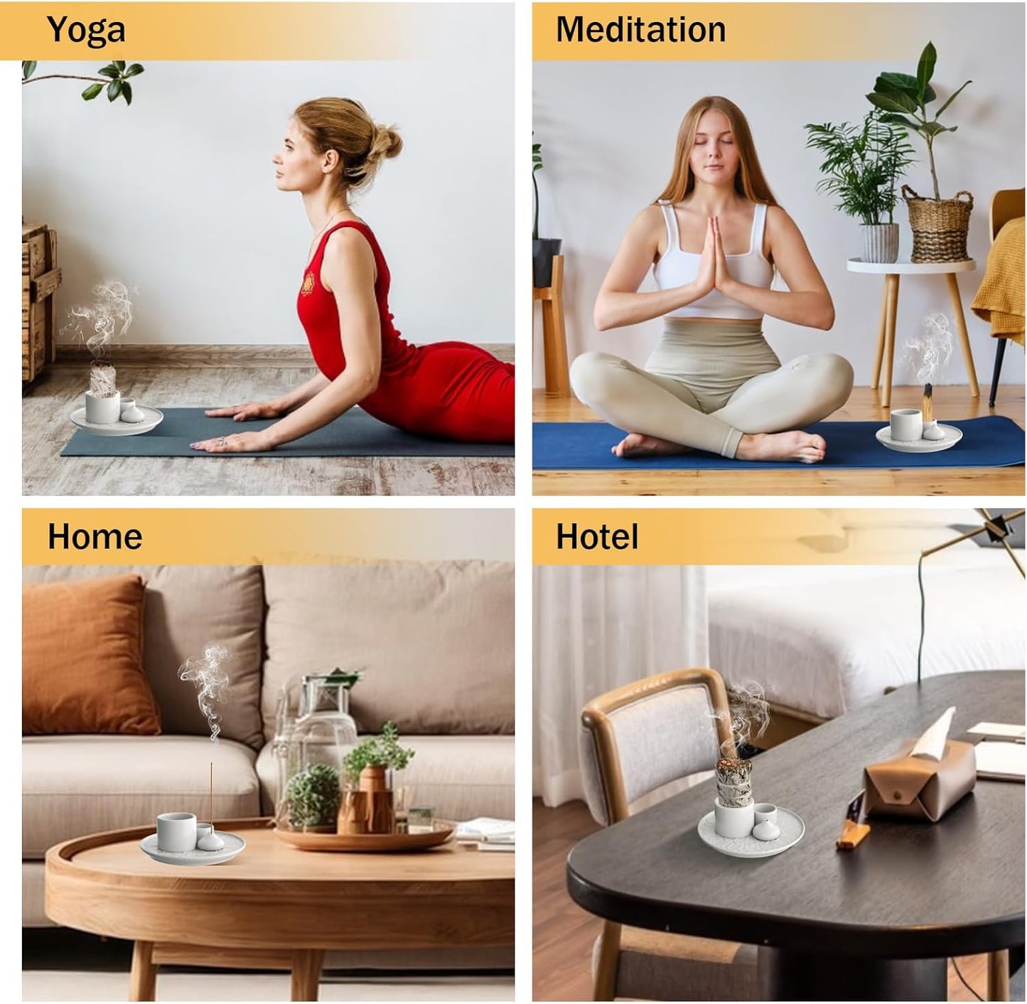 Palo Santo Holder - 4 in 1 Incense & Candle Holder - Ceramic Incense Holder Ash Catcher Tray for Meditation Room - Easy to Clean (White)