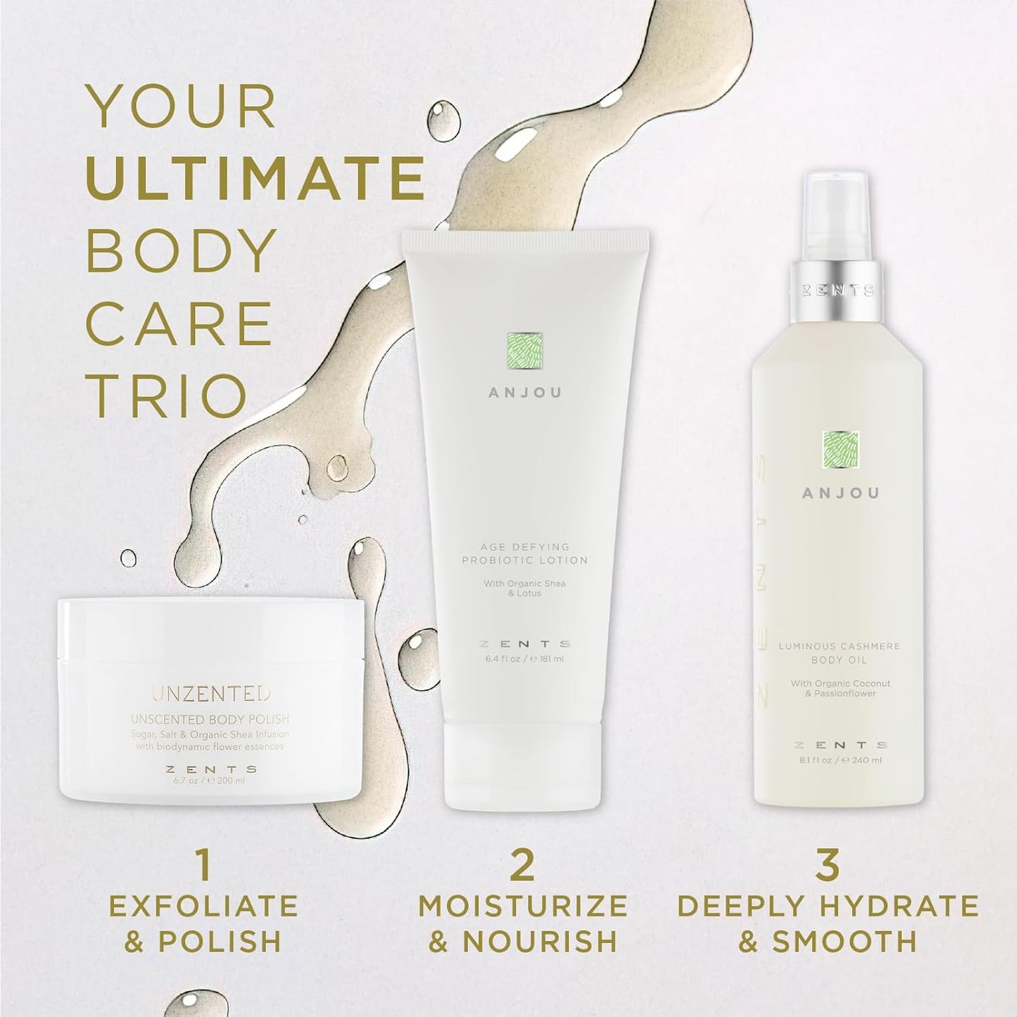 Zents Luminous Cashmere Body Oil (Anjou Fragrance) | Moisturizing Body Oil with Vitamin E & Organic Coconut Oil | Softens & Smooths Skin | 8 fl oz