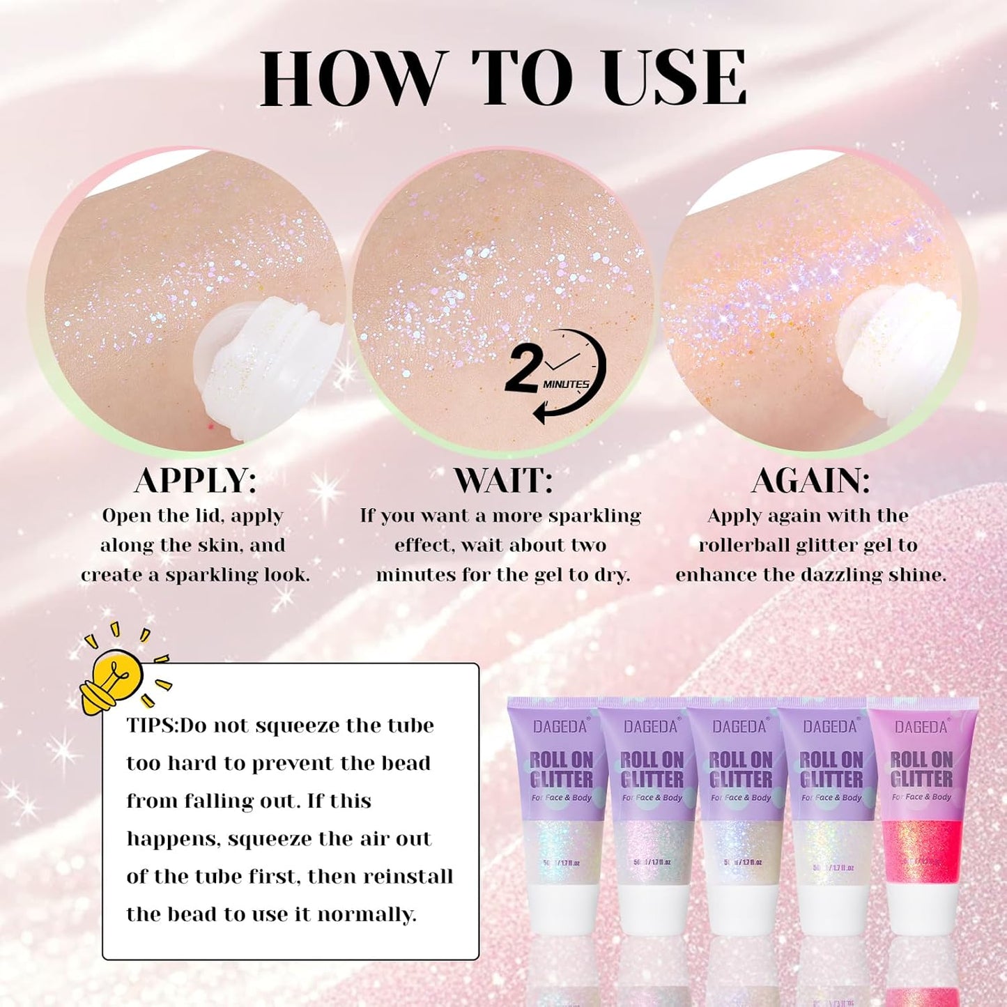 DAGEDAl Roll-on Body Glitter,Holographic Eye Face Hair Glitter Gel for Festival Outfit Mermaid Accessories,Chameleon Color Body Shimmer Makeup Rave Outfits Accessories for Women 50ml(Sparkling Pink)