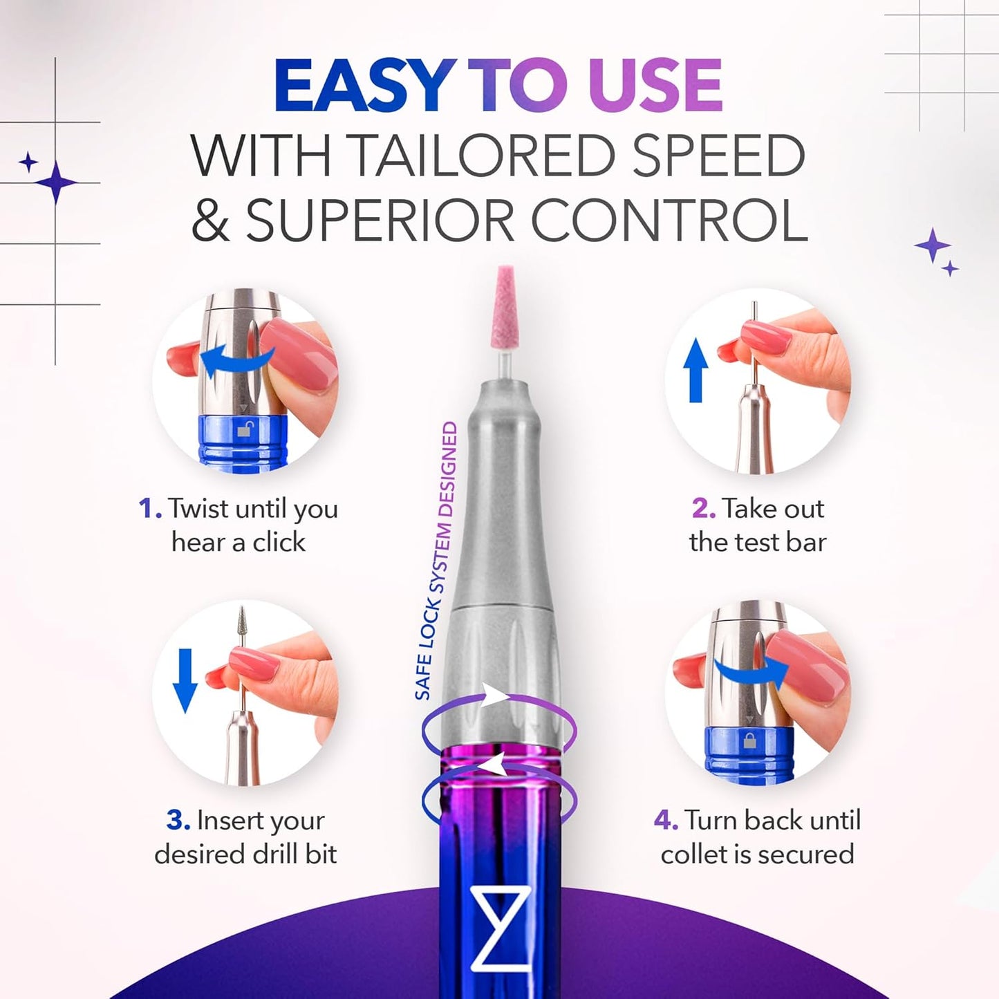 M Mase- Professional Nail Drill Machine - Coreless 2-in-1 Nail File - Electric, Cordless, 35000 RPM, HD Display - Electric Nail Drill for Professional & Home Use (Unicorn Pink Blue)