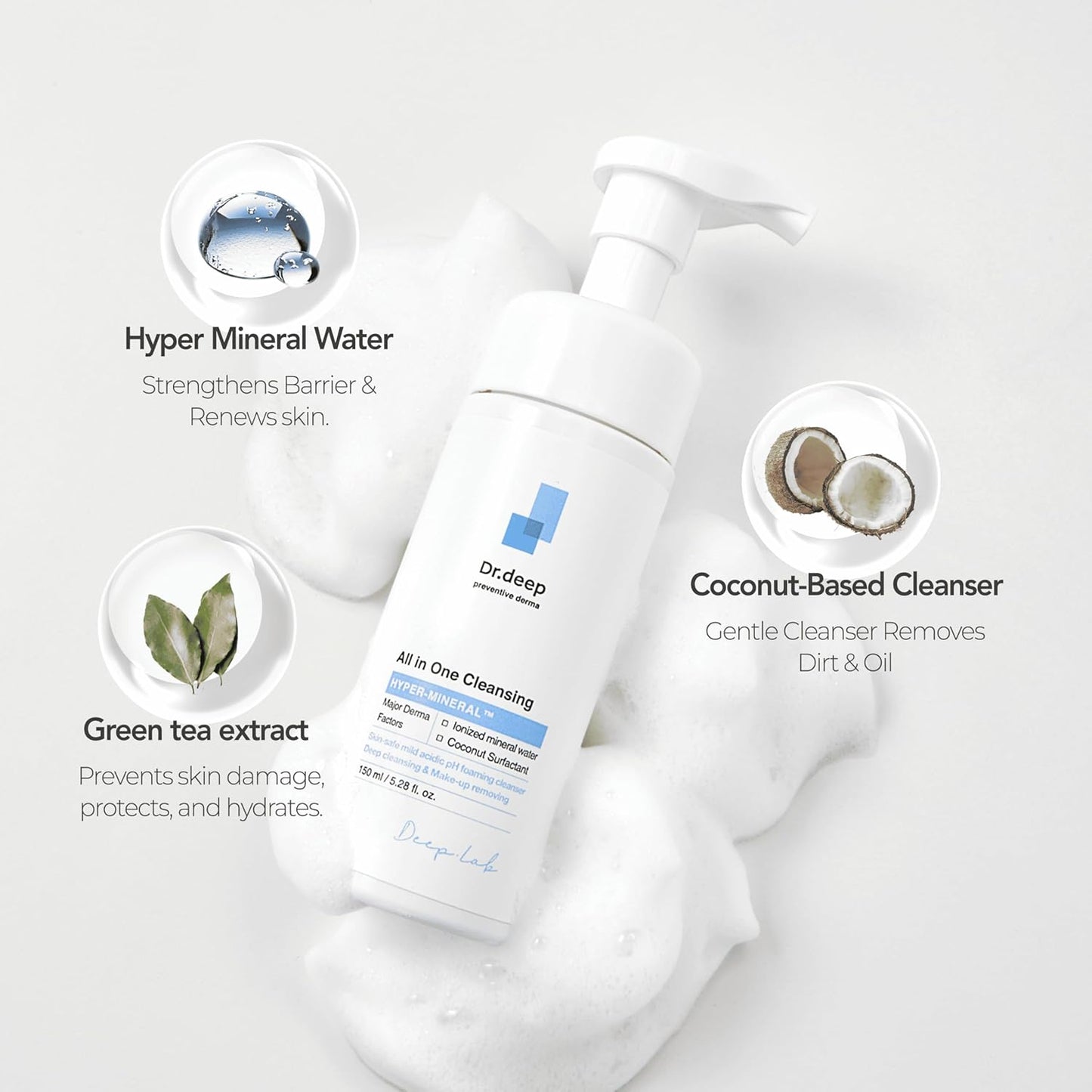 Dr.Deep All in One Cleansing - Korean Foaming Facial Cleanser for Bumpy Skin & Blackheads, Makeup Removing Cleanser & Gentle Face Wash for All Skin Types - 5.07 fl. oz