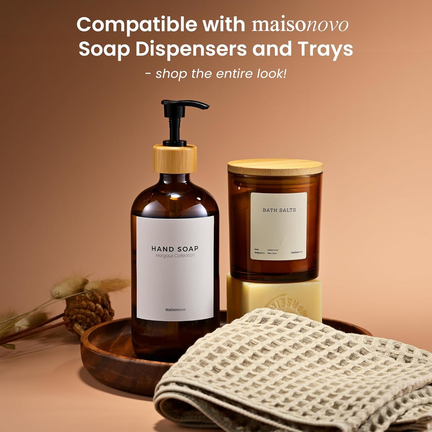 MaisoNovo Qtip Holder Bathroom Set – Airtight Cotton Ball Holder with Lid to Store Cotton Rounds, Swabs, Floss Picks, Hair Ties with free labels pack - 2 Amber Jars with Bamboo Lids