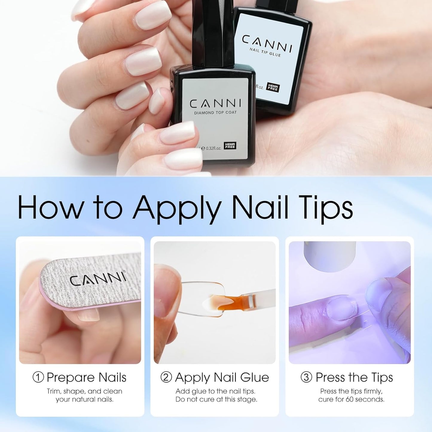 CANNI 2 Pcs No Wipe Top Coat and Gel Nail Glue for Acrylic Nails Tips False Nails Tips Gel Nail Polish Set