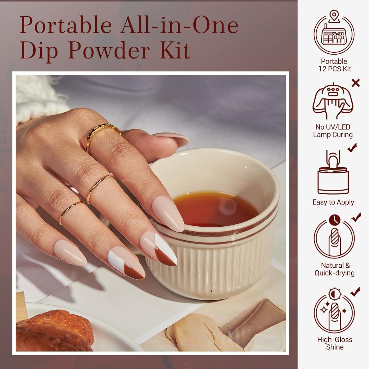 AZUREBEAUTY 30Pcs Dip Powder Nail Kit Starter, 8 Colors Fall Nude Brown Glitter Purple Nude with Nail Sticks, Nail Art Liquid Set with Matte/Base/Top Coat Activator for French Manicure Salon