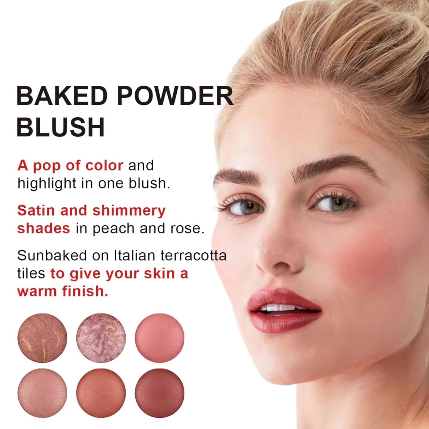 Baked Blush, Marbleized Blush for Cheeks, Shimmery Satin Finish Blushes Powder Palette, Buildable Color Natural Face Makeup Powder