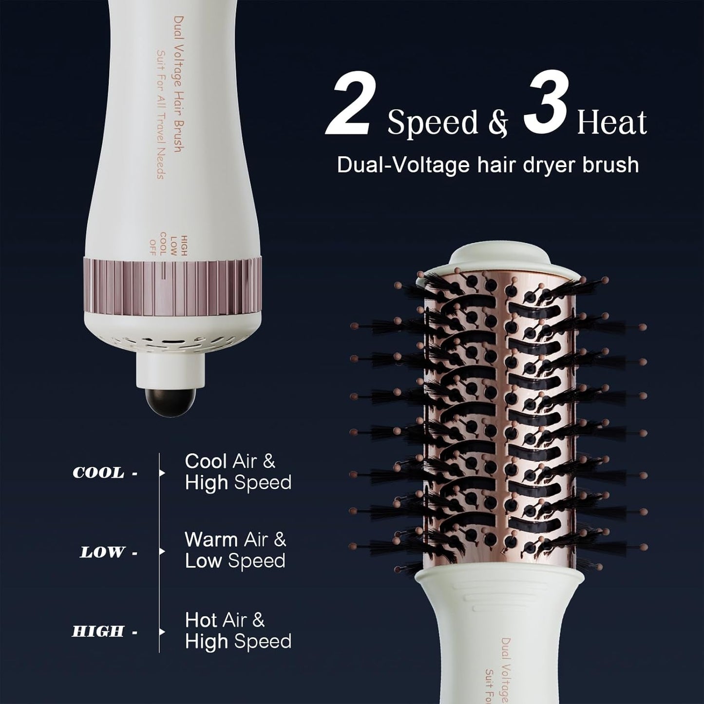 Travel Dual Voltage Hair Dryer Brush 4-IN-1 Portable Mini Hot Air Blow Dryer Straightener & Curler Brush, Titanium Round Blowout Styler Volumizer Tools, 110/240V US/EU/UK Plug for International Travel