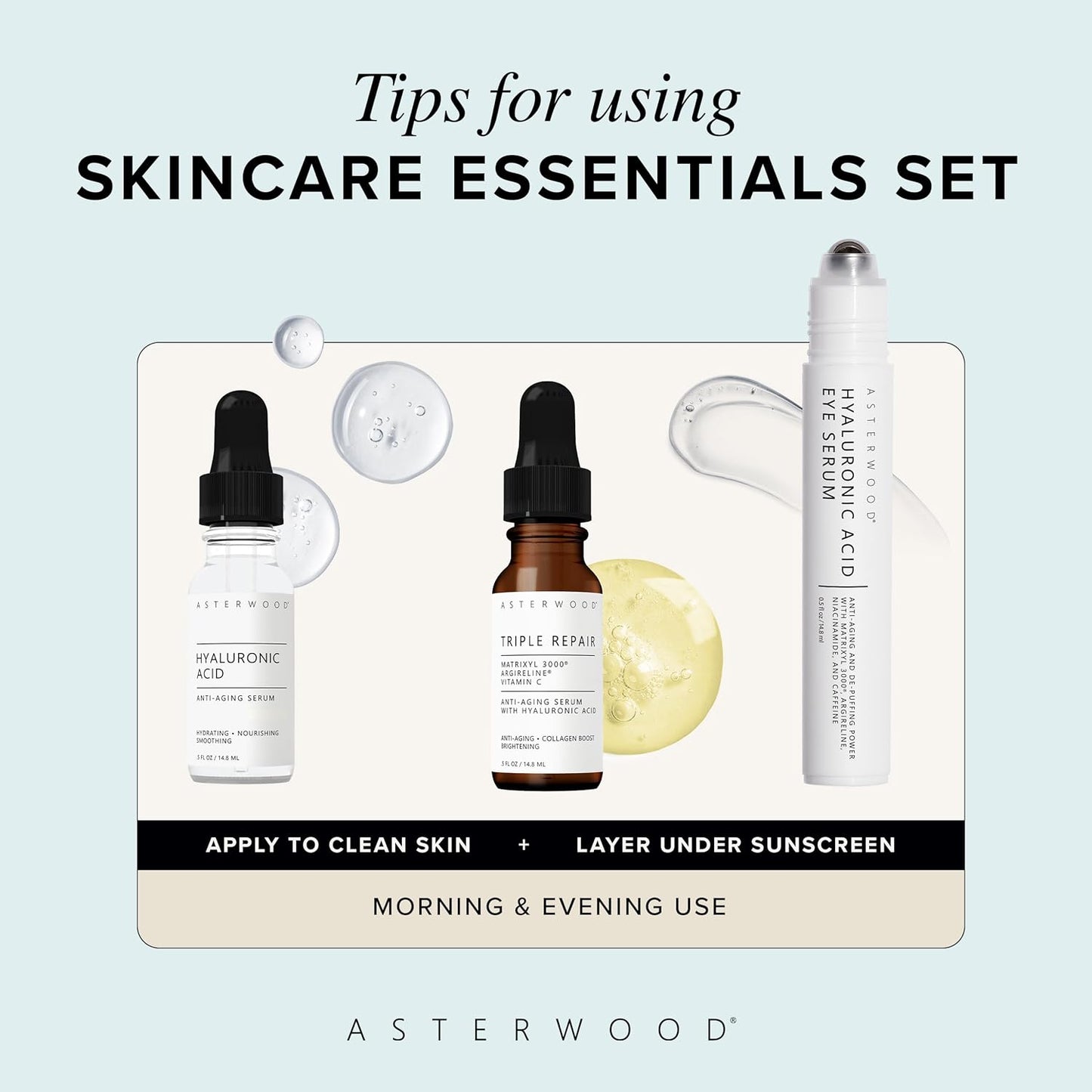 Asterwood Skin Care Set - with Hyaluronic Acid & Triple Repair Serums, Under Eye Serum - Skincare Essentials - Hydrating, Moisturzing, Anti-Aging - Fragrance-Free