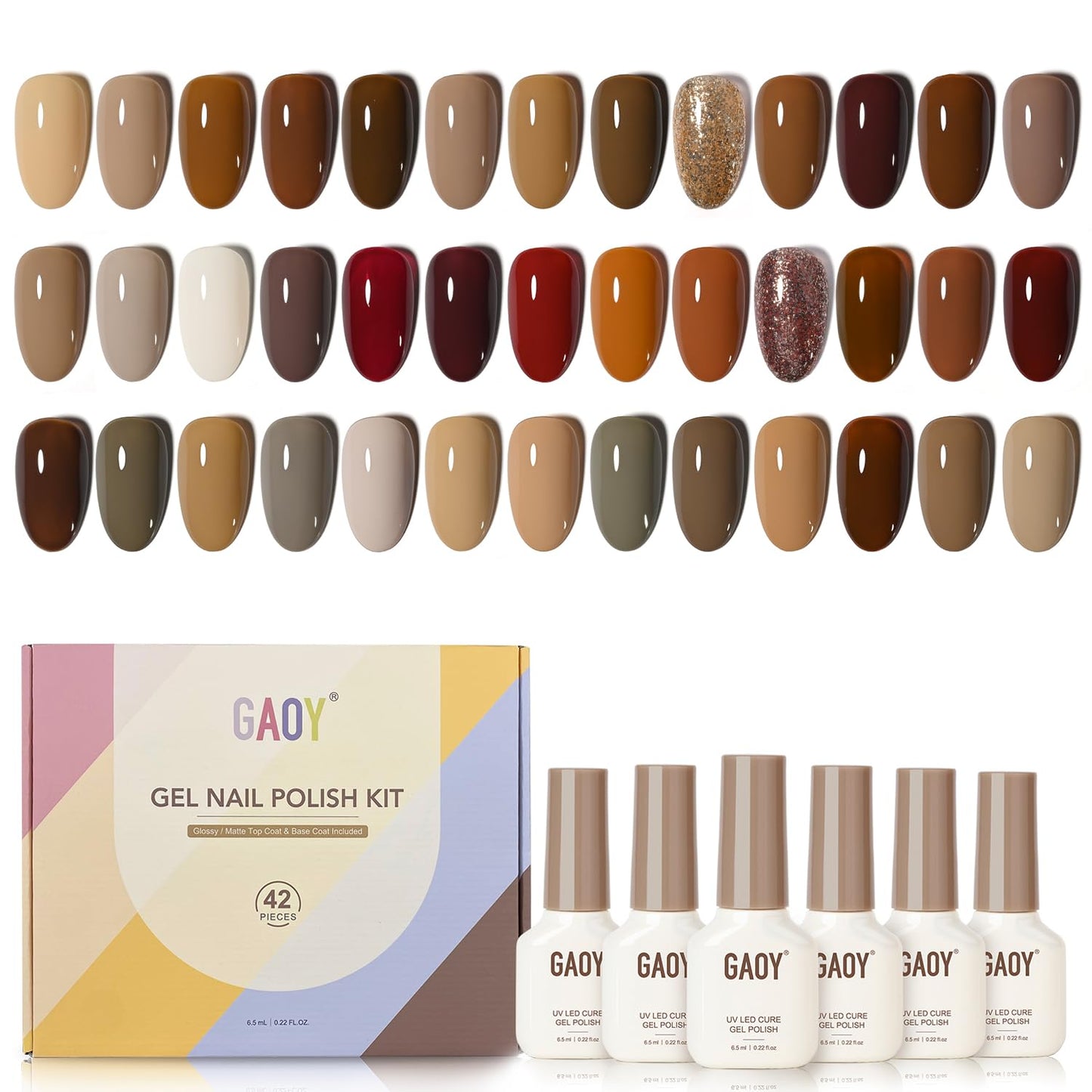 GAOY 42 Pcs Gel Nail Polish Kit, Fall Brown Red Glitter Colors Gel Nail Polish Set with Glossy & Matte Top Coat and Base Coat for Salon and DIY Manicure at Home