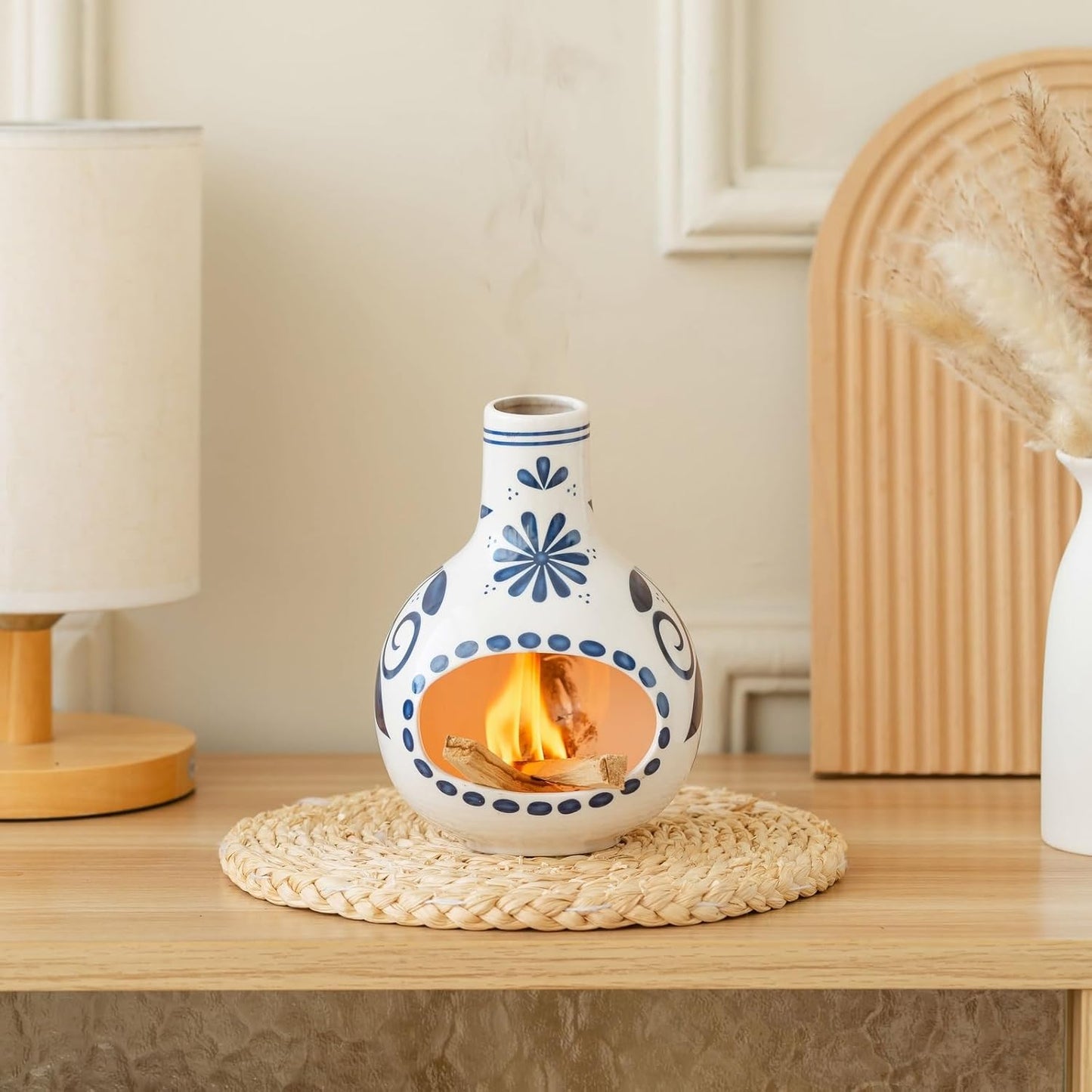 Handmade Ceramic Palo Santo Holder Burner & Sage Holder - Mini Tabletop Chiminea Burner Tray with Ash Catcher, Decorative Incense Holder for Spiritual Meditation & Yoga