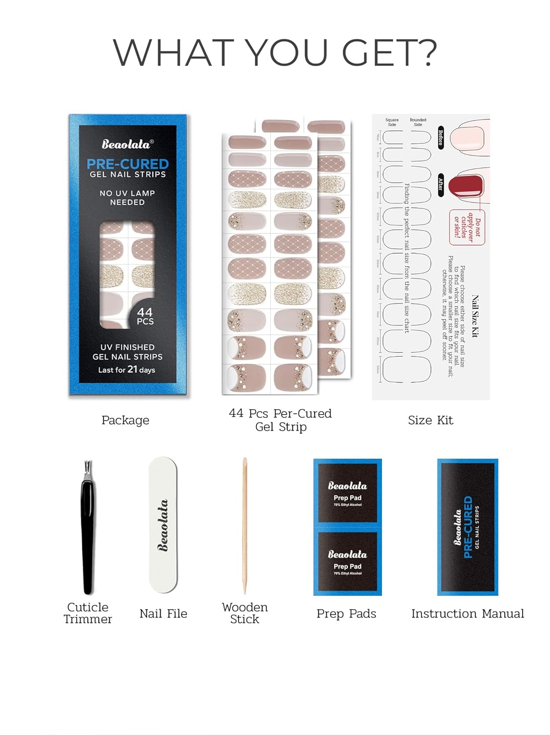 Pre Cured Gel Nail Strips - 44PCS Salon Quality Gel Nail Stickers - Long Lasting Polish Wraps for Women no UV Light Needed Easy Apply& Remove (Beige Nude)