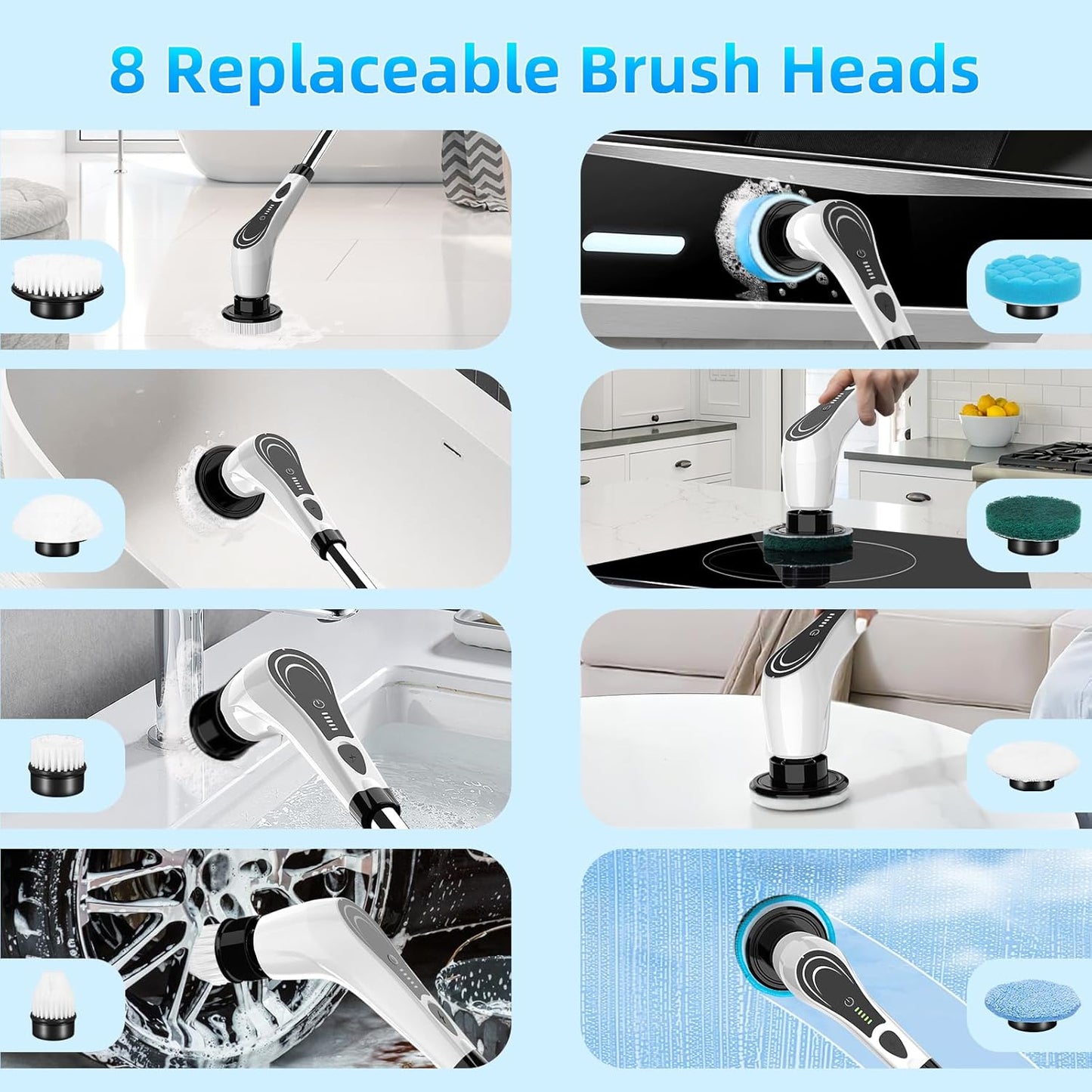 White Electric Spin Scrubber, Cordless Spin Scrubber with 8 Replaceable Brush Heads, Electric Scrub Brush with Adjustable Extension Handle, Electric Cleaning Brush for Bathroom, Tile and Bathtub
