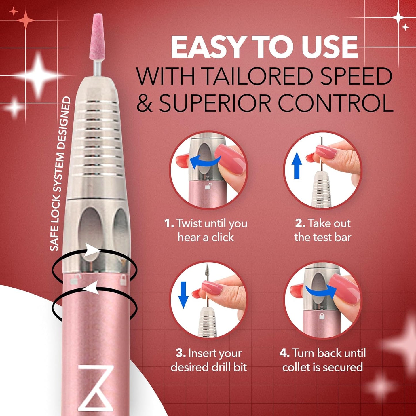 M Max - Nail Drill Professional - 2-in-1 Brushless Motor Nails Drill Machine - Electric, Cordless, Aluminium Alloy Casing, 35000 RPM, HD Display - Perfect for Salon & Home Use (Rose Gold)