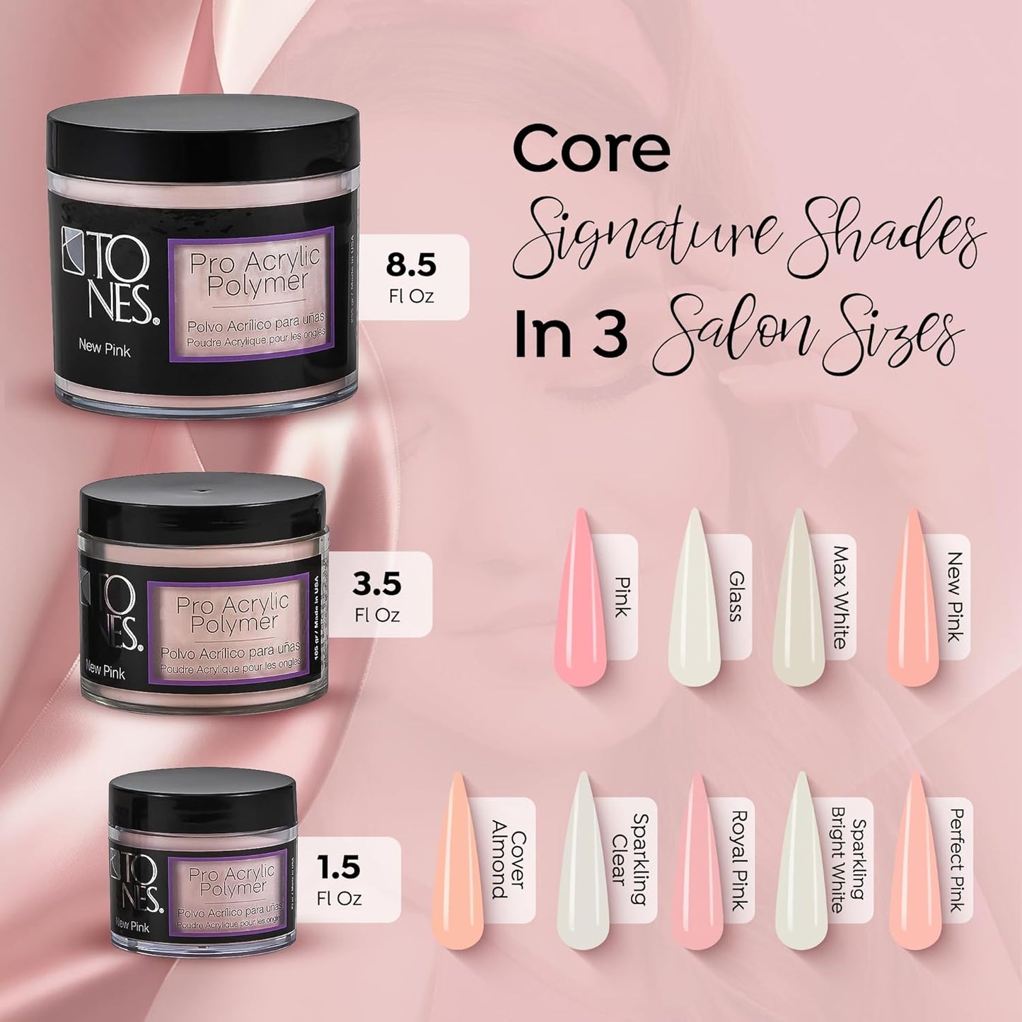 Tones Pro Acrylic Nail Powder, New Pink (Fresh Peach-Toned Pink), (8.5 Fl Oz) - Long-Lasting & Non-Yellowing Polymer for Salon Quality Nail Extensions & 3D Art