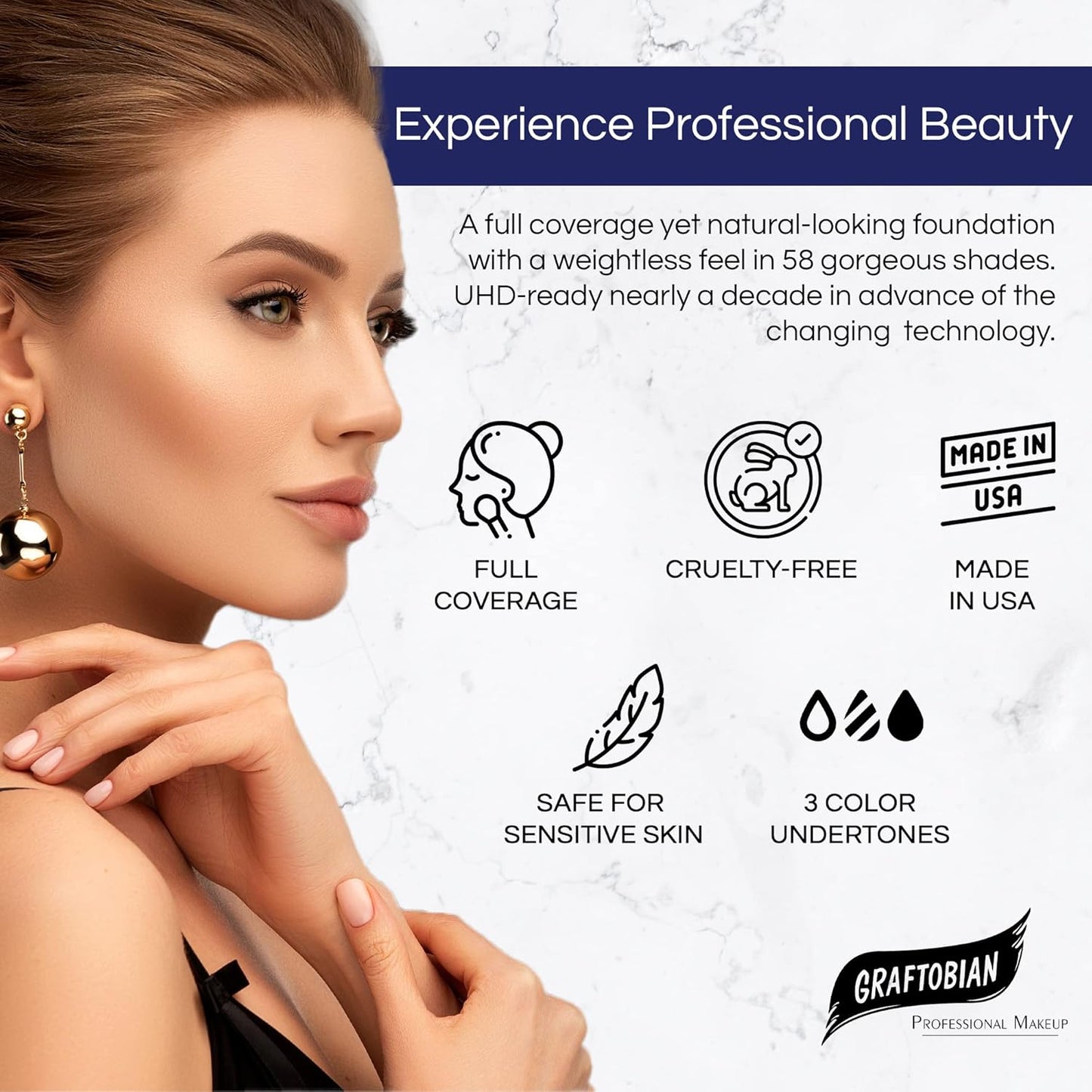 Graftobian HD Glamour Crème Foundation 1/2oz, Weightless Full Coverage Makeup, 65 Inclusive Shades, For All Skin Types, Natural or Full-Glam Looks, For Professionals and Beginners, Warm Umber