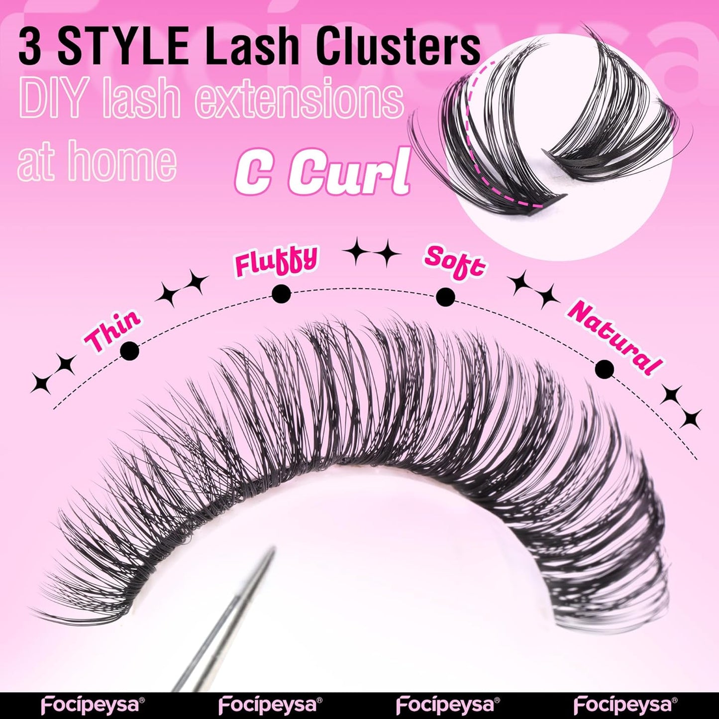 Focipeysa Fluffy 360pcs Lash Clusters 30P+40P+50P DIY Lash Extension Volume Thick Clusters Lashes D Curl Eyelash Extension 9-16mm Individual Lash for Self Application at Home