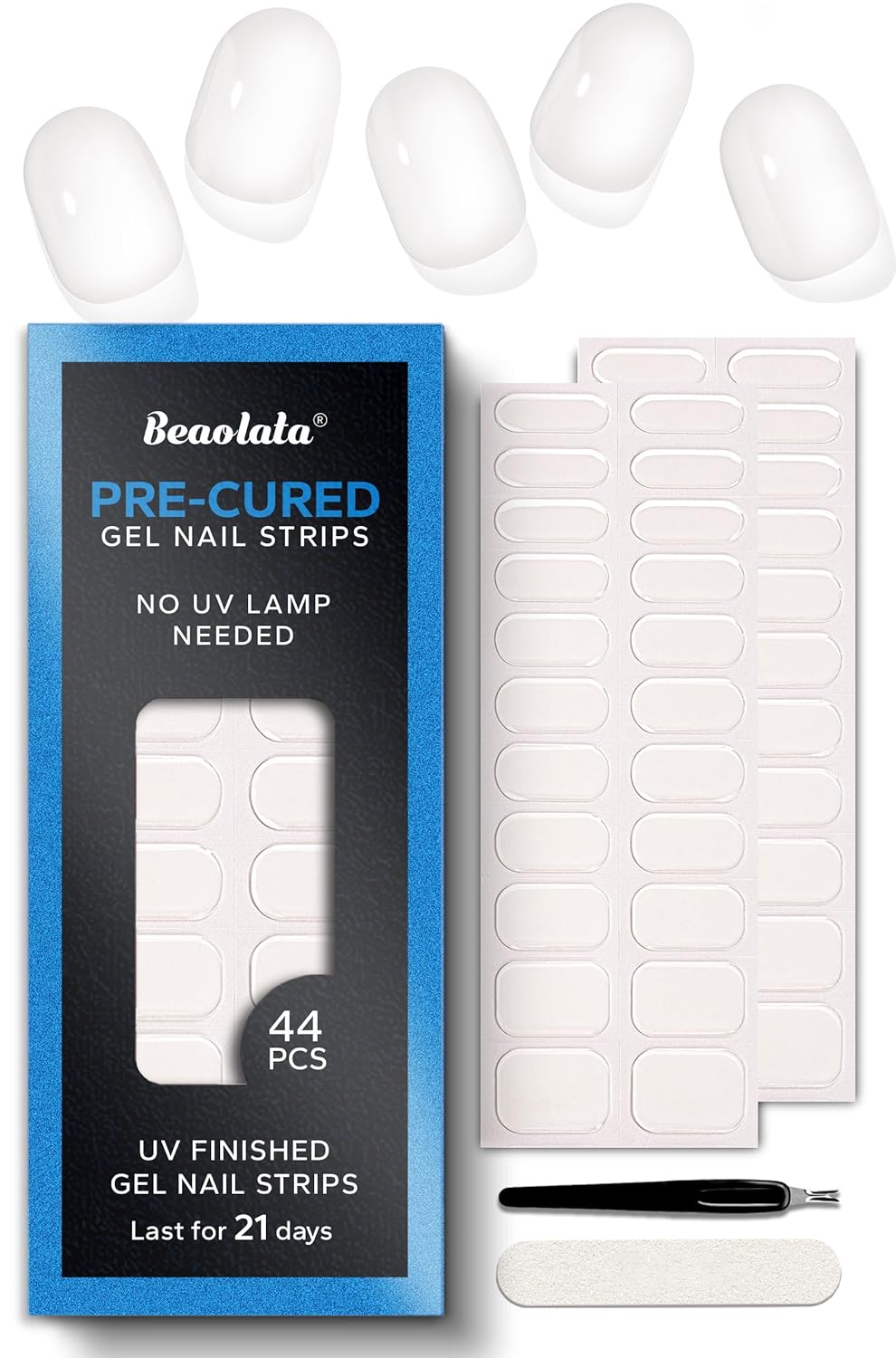 Pre Cured Gel Nail Strips - 44PCS Salon Quality Gel Nail Stickers - Long Lasting Polish Wraps for Women no UV Light Needed Easy Apply& Remove (Clear)